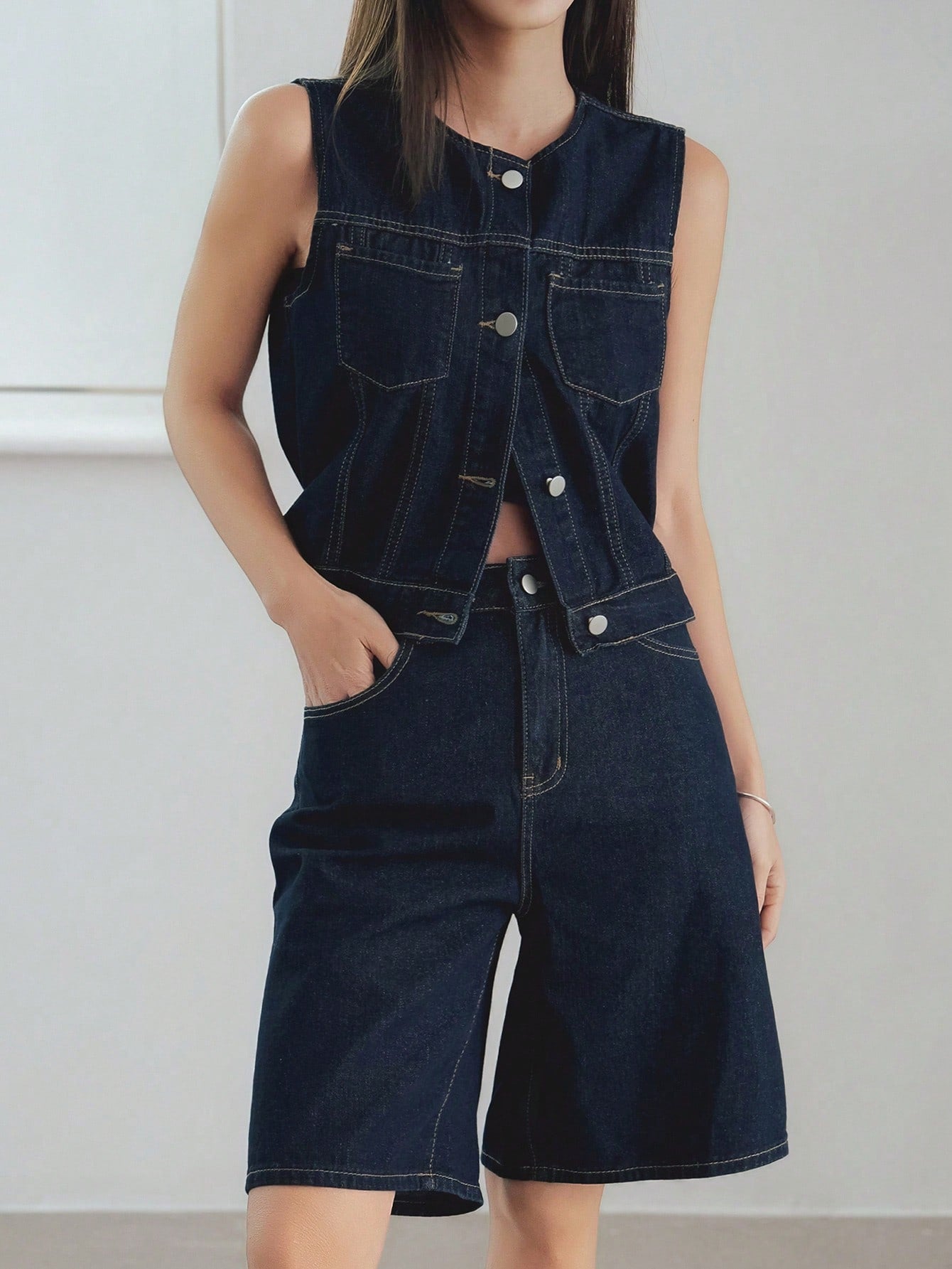 CM-SS244328 Women Casual Seoul Style Medium Wash Round Neck Denim Vest With Short Pants - Set