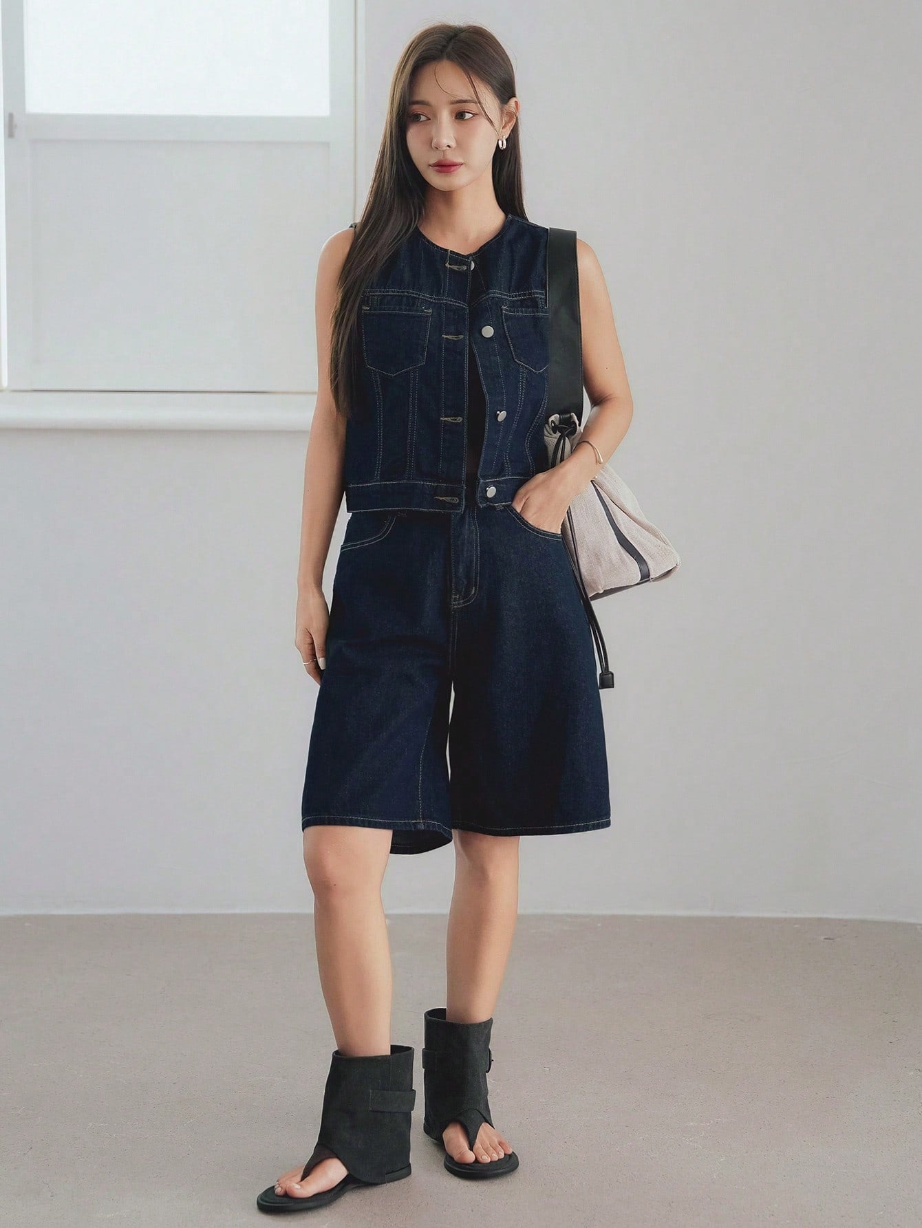 CM-SS244328 Women Casual Seoul Style Medium Wash Round Neck Denim Vest With Short Pants - Set