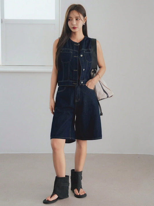 CM-SS244328 Women Casual Seoul Style Medium Wash Round Neck Denim Vest With Short Pants - Set