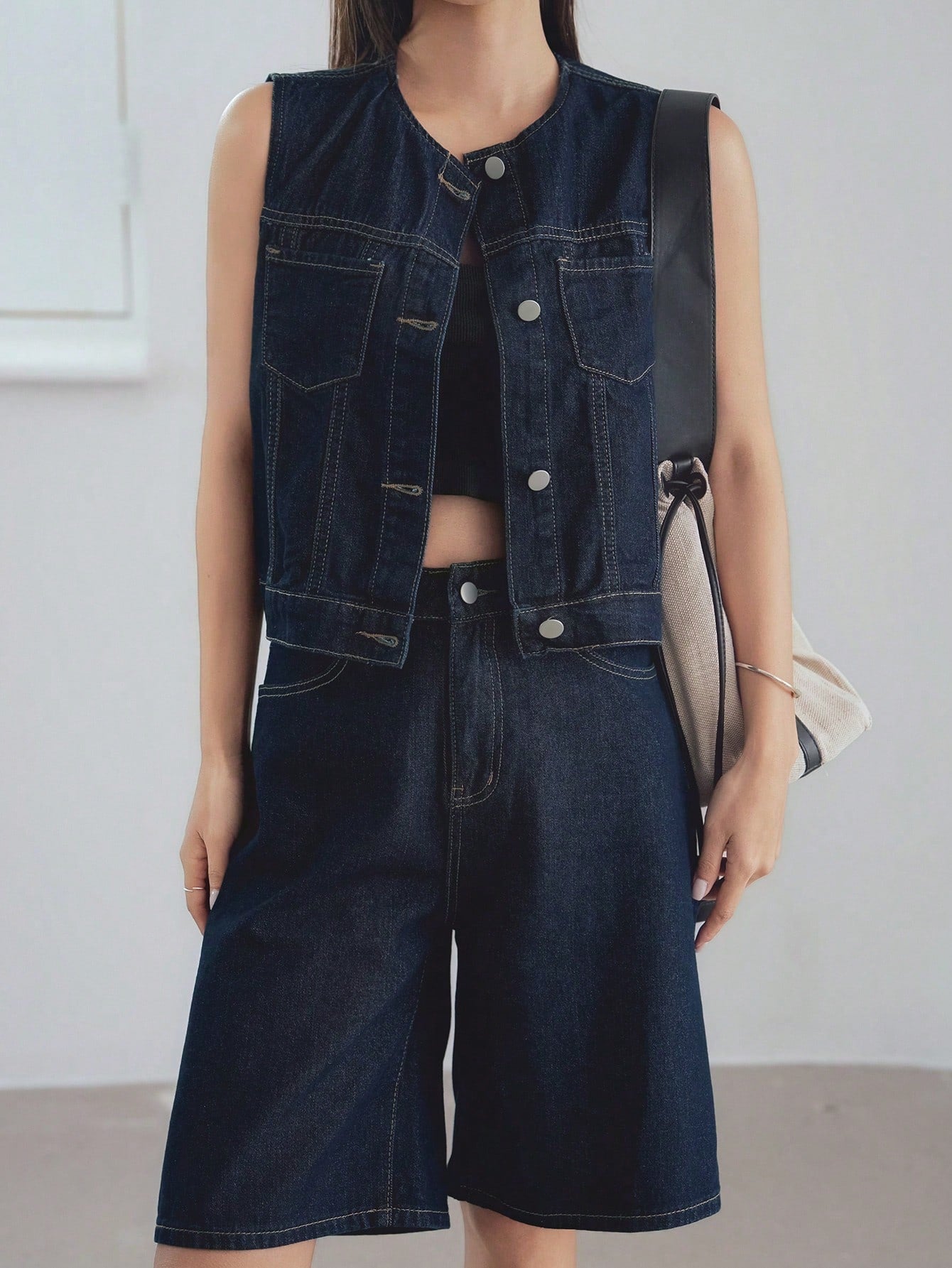CM-SS244328 Women Casual Seoul Style Medium Wash Round Neck Denim Vest With Short Pants - Set