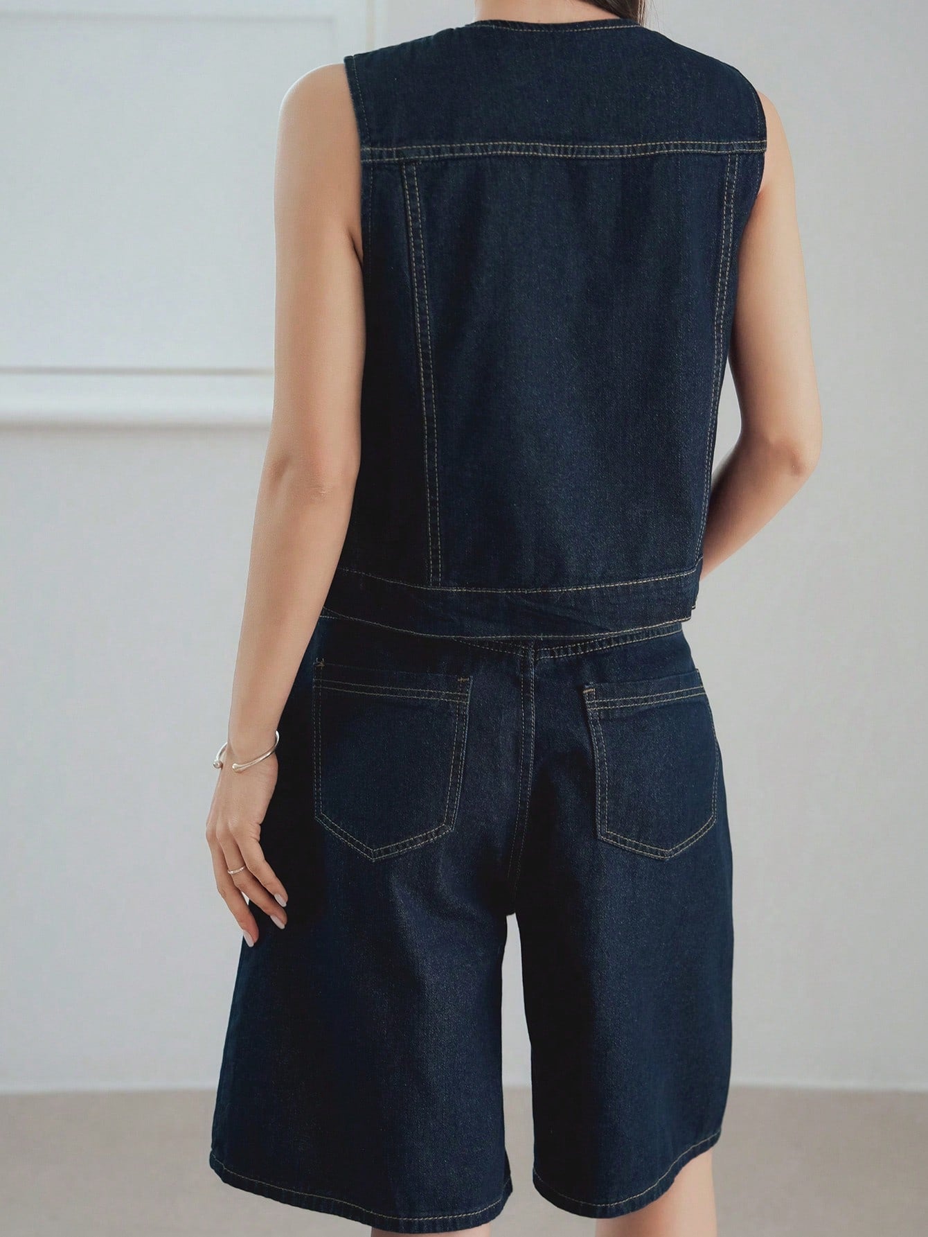 CM-SS244328 Women Casual Seoul Style Medium Wash Round Neck Denim Vest With Short Pants - Set