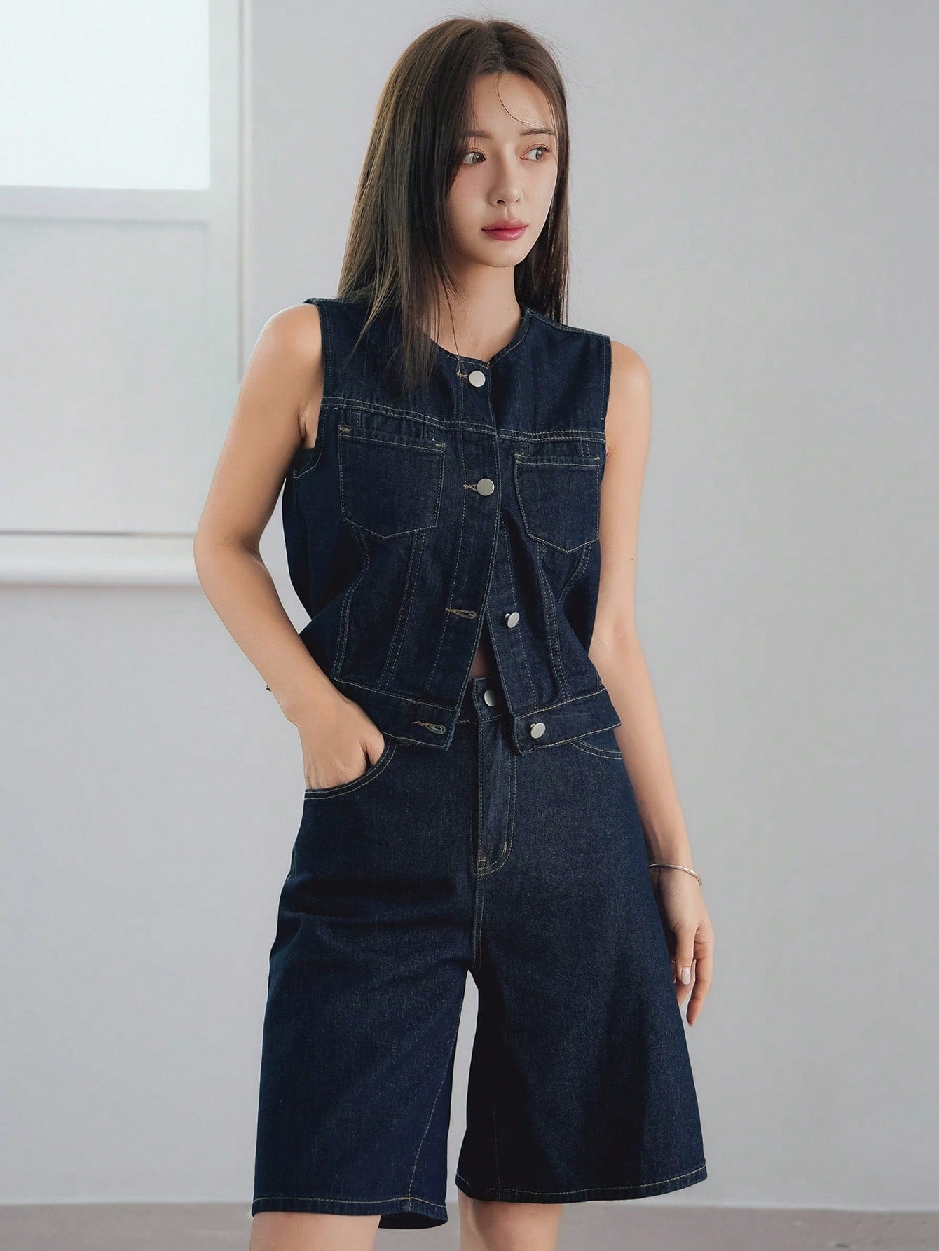 CM-SS244328 Women Casual Seoul Style Medium Wash Round Neck Denim Vest With Short Pants - Set