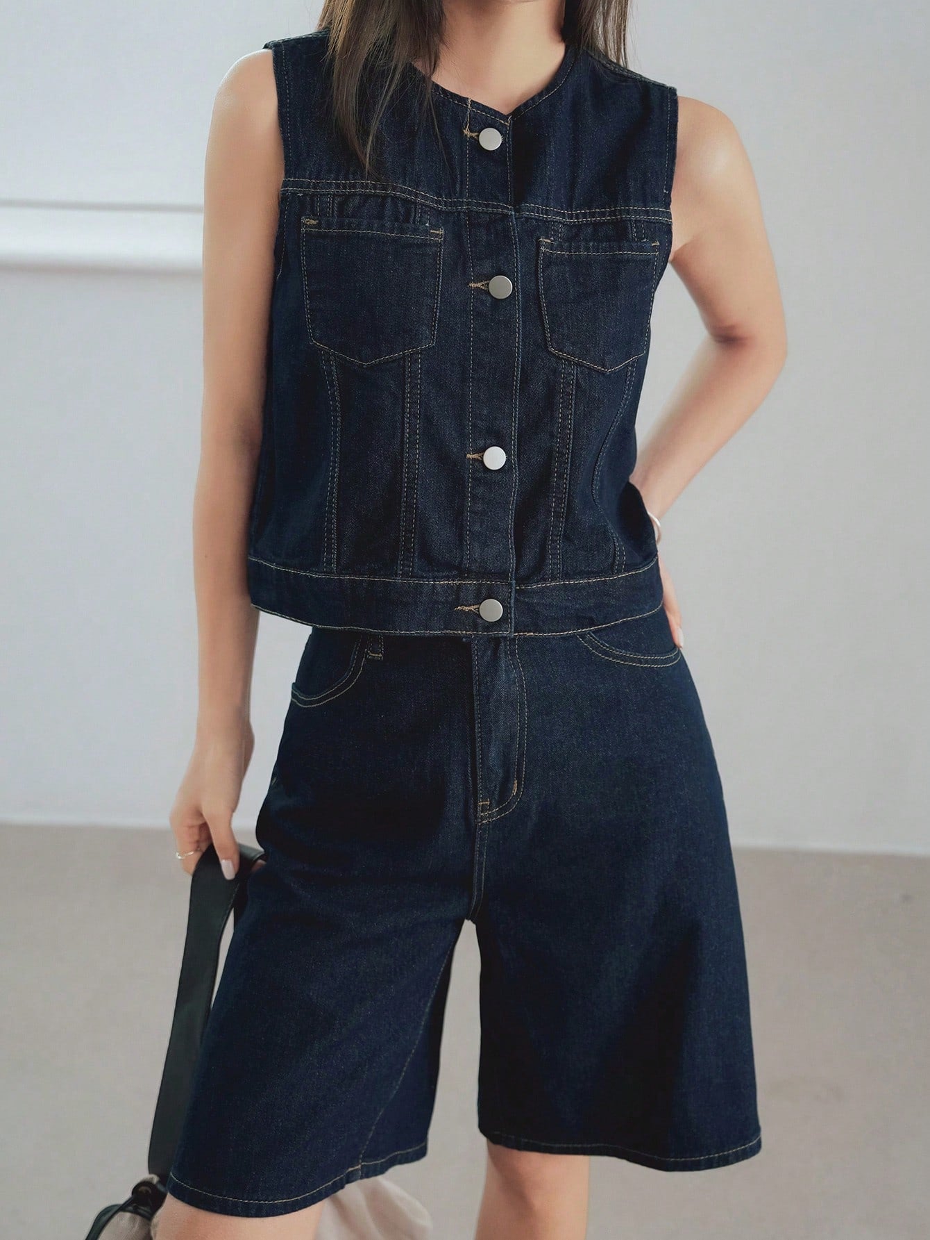 CM-SS244328 Women Casual Seoul Style Medium Wash Round Neck Denim Vest With Short Pants - Set
