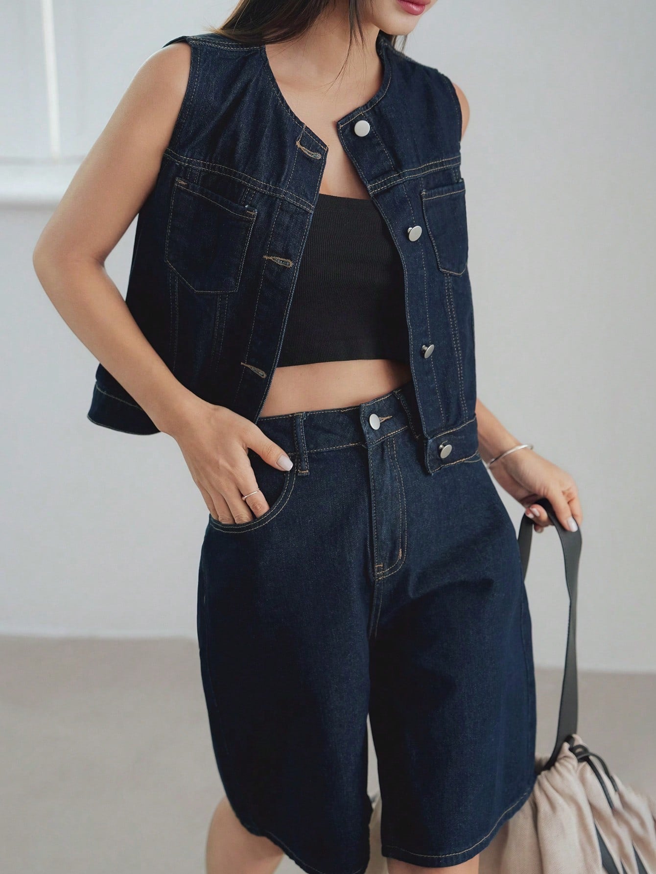 CM-SS244328 Women Casual Seoul Style Medium Wash Round Neck Denim Vest With Short Pants - Set