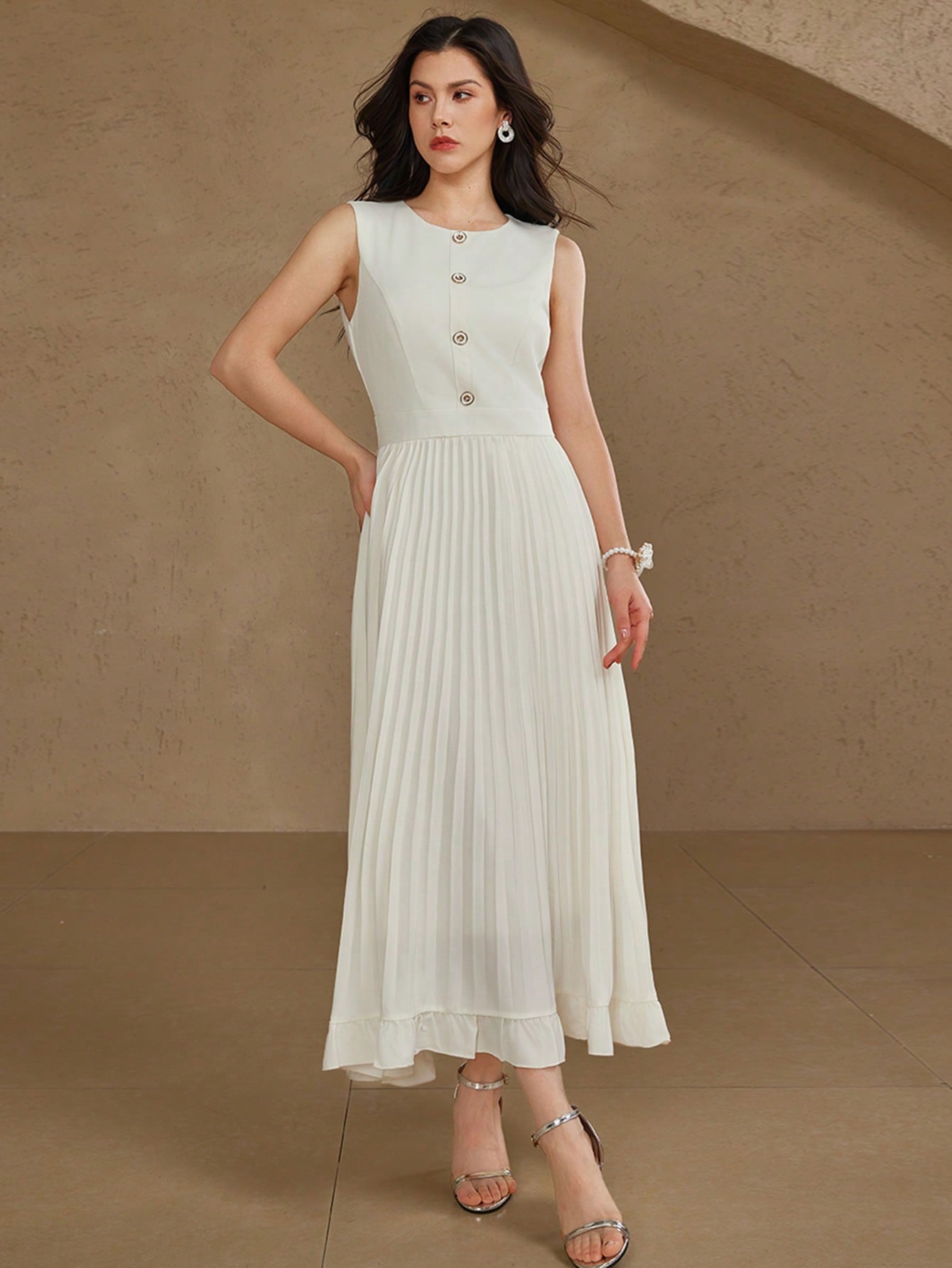 CM-DS969226 Women Elegant Seoul Style Solid Color Round Neck Sleeveless Mid-Length Pleated Dress - Beige
