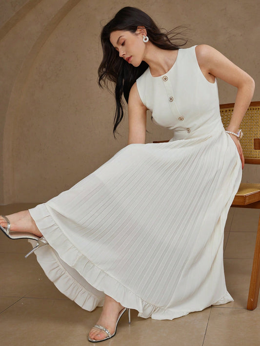 CM-DS969226 Women Elegant Seoul Style Solid Color Round Neck Sleeveless Mid-Length Pleated Dress - Beige