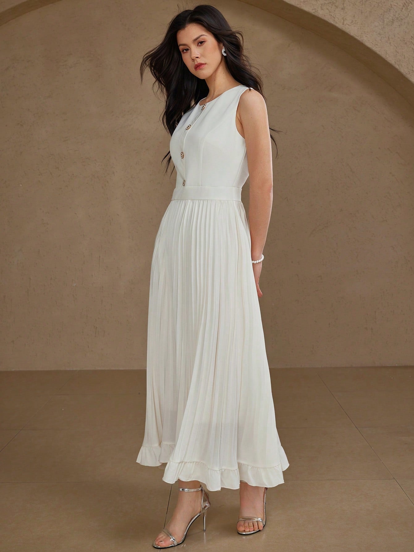 CM-DS969226 Women Elegant Seoul Style Solid Color Round Neck Sleeveless Mid-Length Pleated Dress - Beige