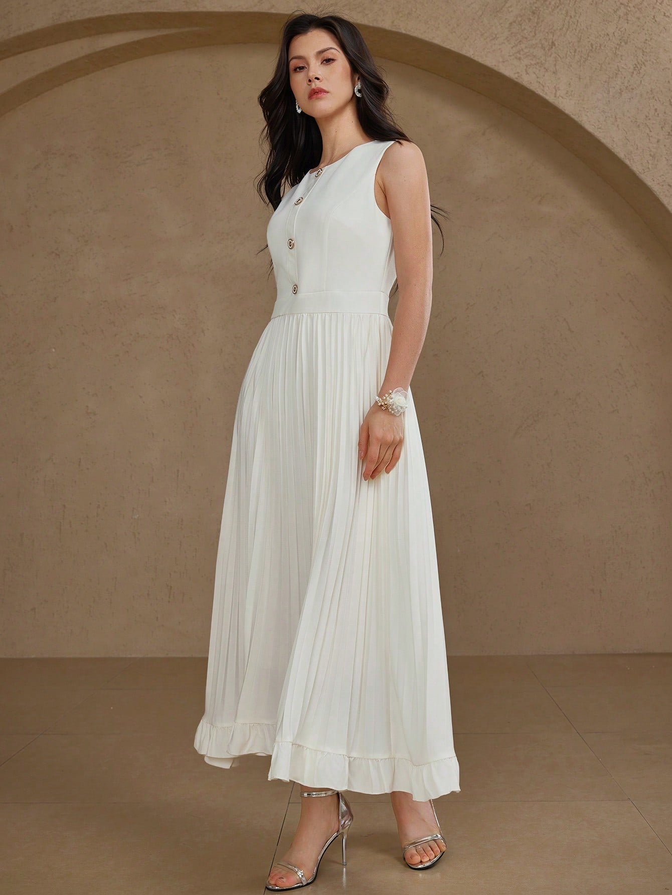 CM-DS969226 Women Elegant Seoul Style Solid Color Round Neck Sleeveless Mid-Length Pleated Dress - Beige