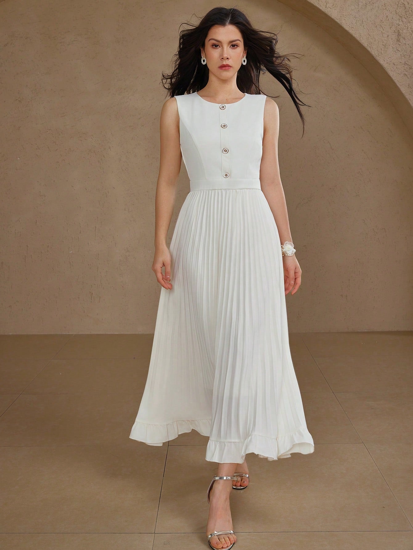 CM-DS969226 Women Elegant Seoul Style Solid Color Round Neck Sleeveless Mid-Length Pleated Dress - Beige