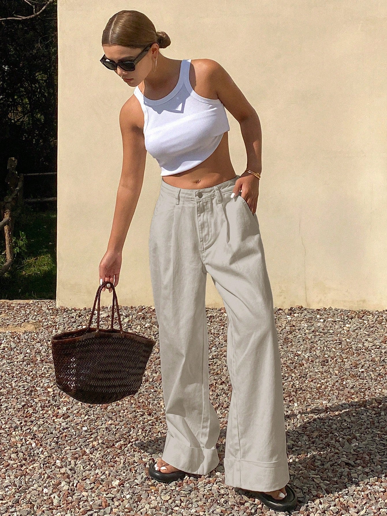 CM-BS326532 Women Casual Seoul Style Loose Mid Waist Solid Color Denim Jeans - Light Gray