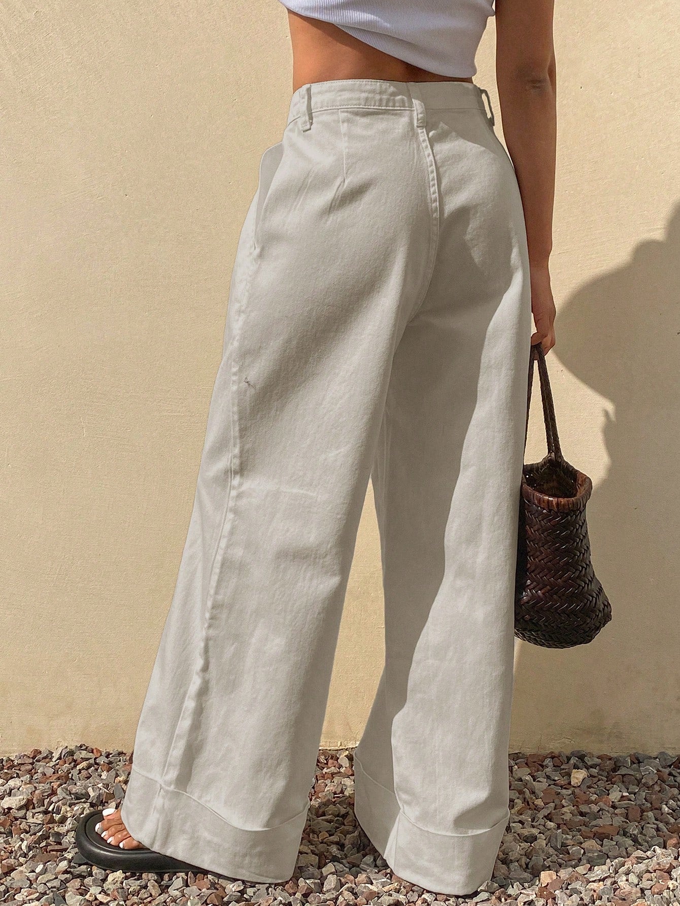 CM-BS326532 Women Casual Seoul Style Loose Mid Waist Solid Color Denim Jeans - Light Gray