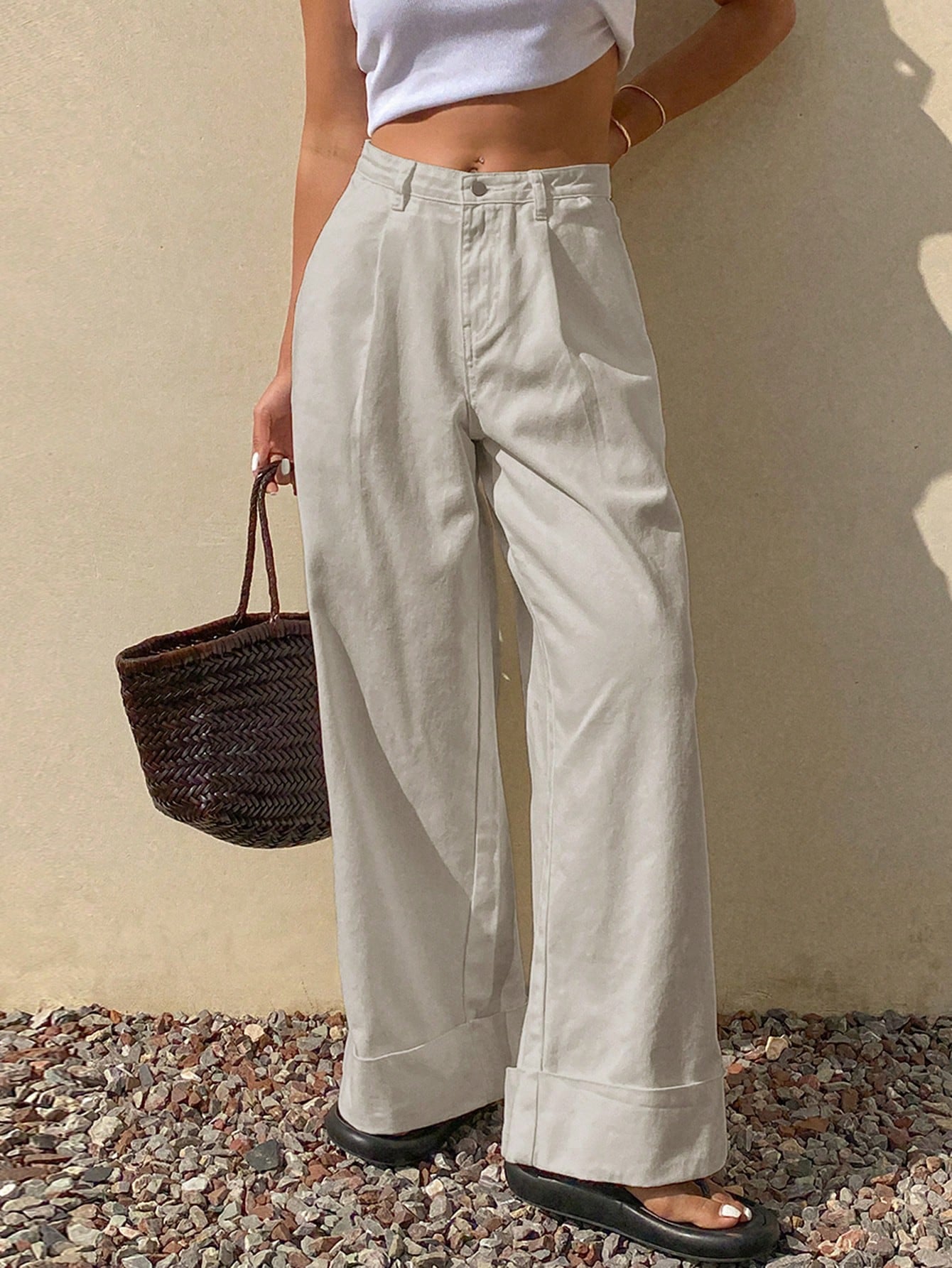 CM-BS326532 Women Casual Seoul Style Loose Mid Waist Solid Color Denim Jeans - Light Gray