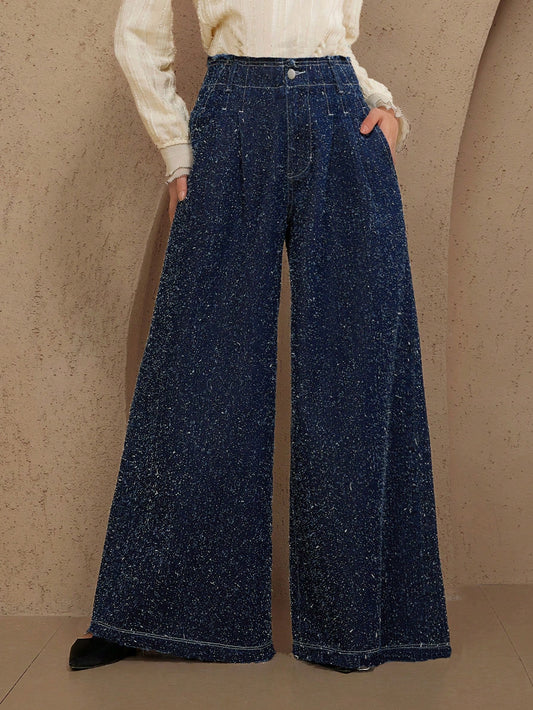 CM-BS785883 Women Casual Seoul Style Mid Waist Loose Embroidered Wide-Leg Jeans - Blue