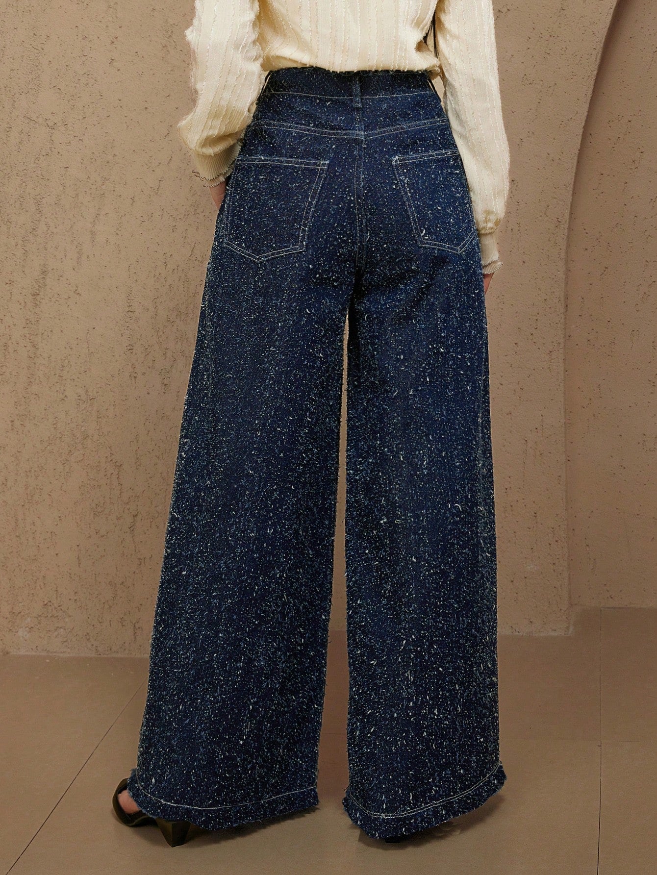 CM-BS785883 Women Casual Seoul Style Mid Waist Loose Embroidered Wide-Leg Jeans - Blue