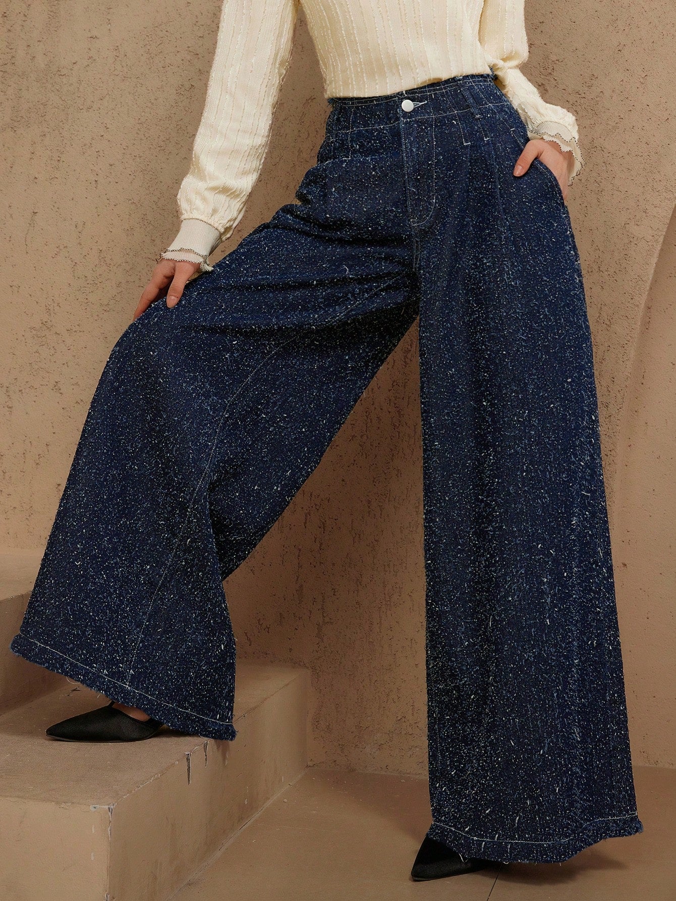 CM-BS785883 Women Casual Seoul Style Mid Waist Loose Embroidered Wide-Leg Jeans - Blue