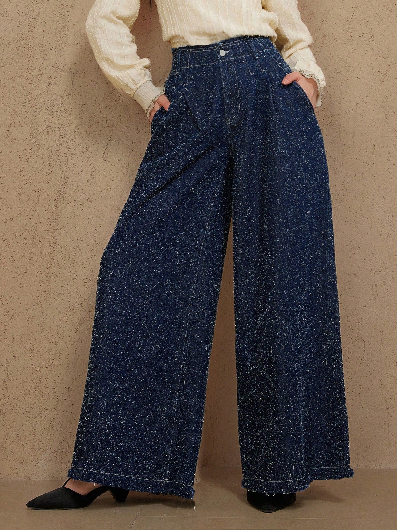 CM-BS785883 Women Casual Seoul Style Mid Waist Loose Embroidered Wide-Leg Jeans - Blue