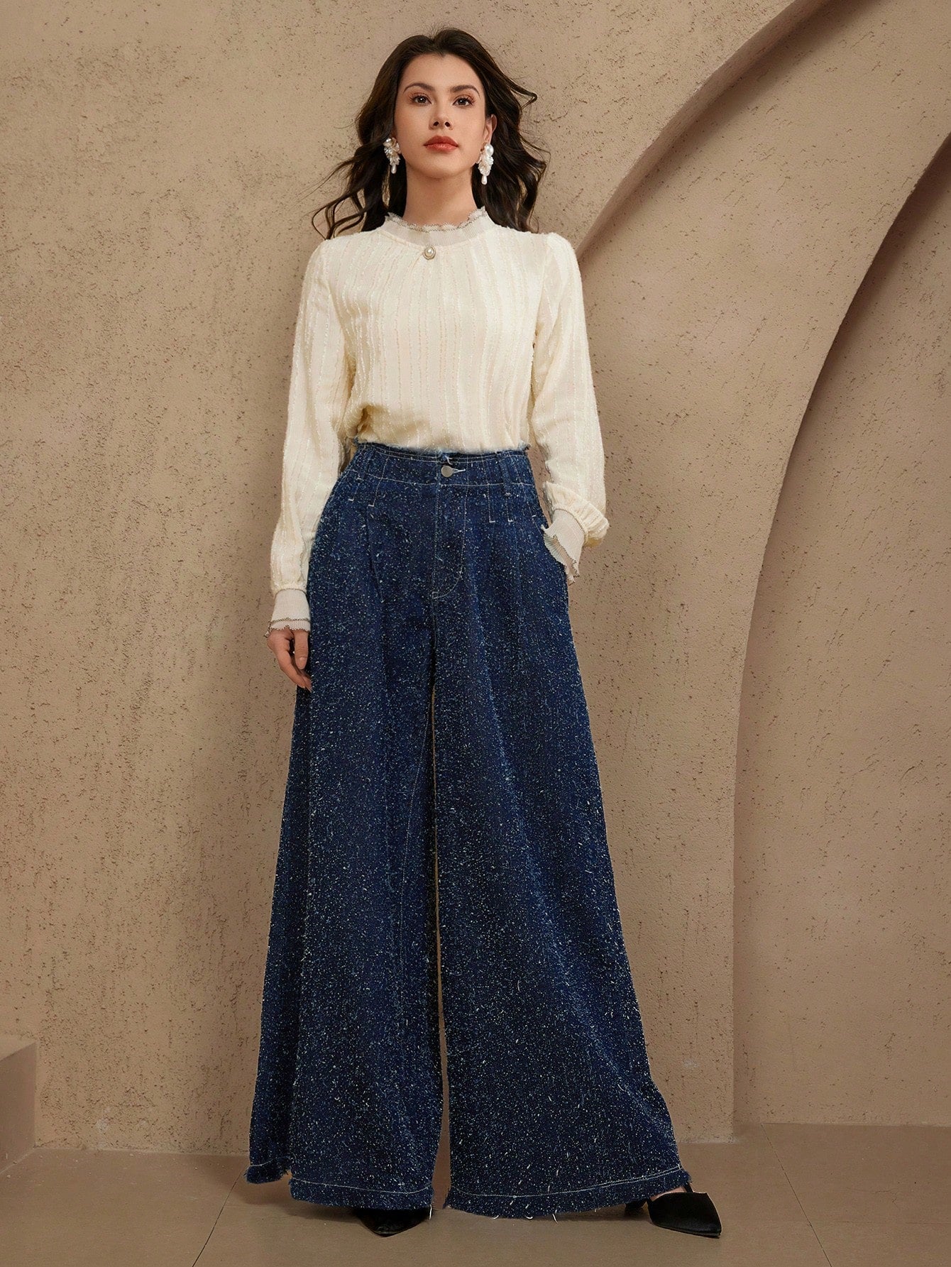 CM-BS785883 Women Casual Seoul Style Mid Waist Loose Embroidered Wide-Leg Jeans - Blue