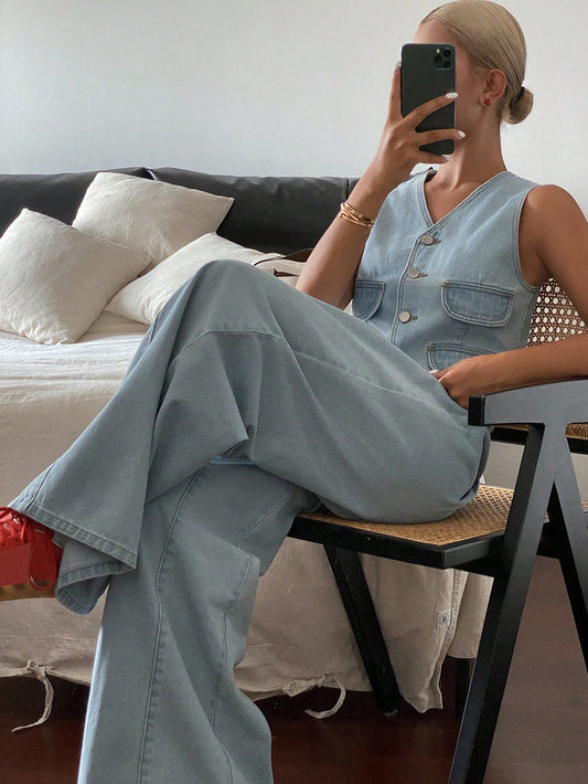 CM-SS580233 Women Casual Seoul Style V-Neck Sleeveless Camisole With Denim Pants - Set