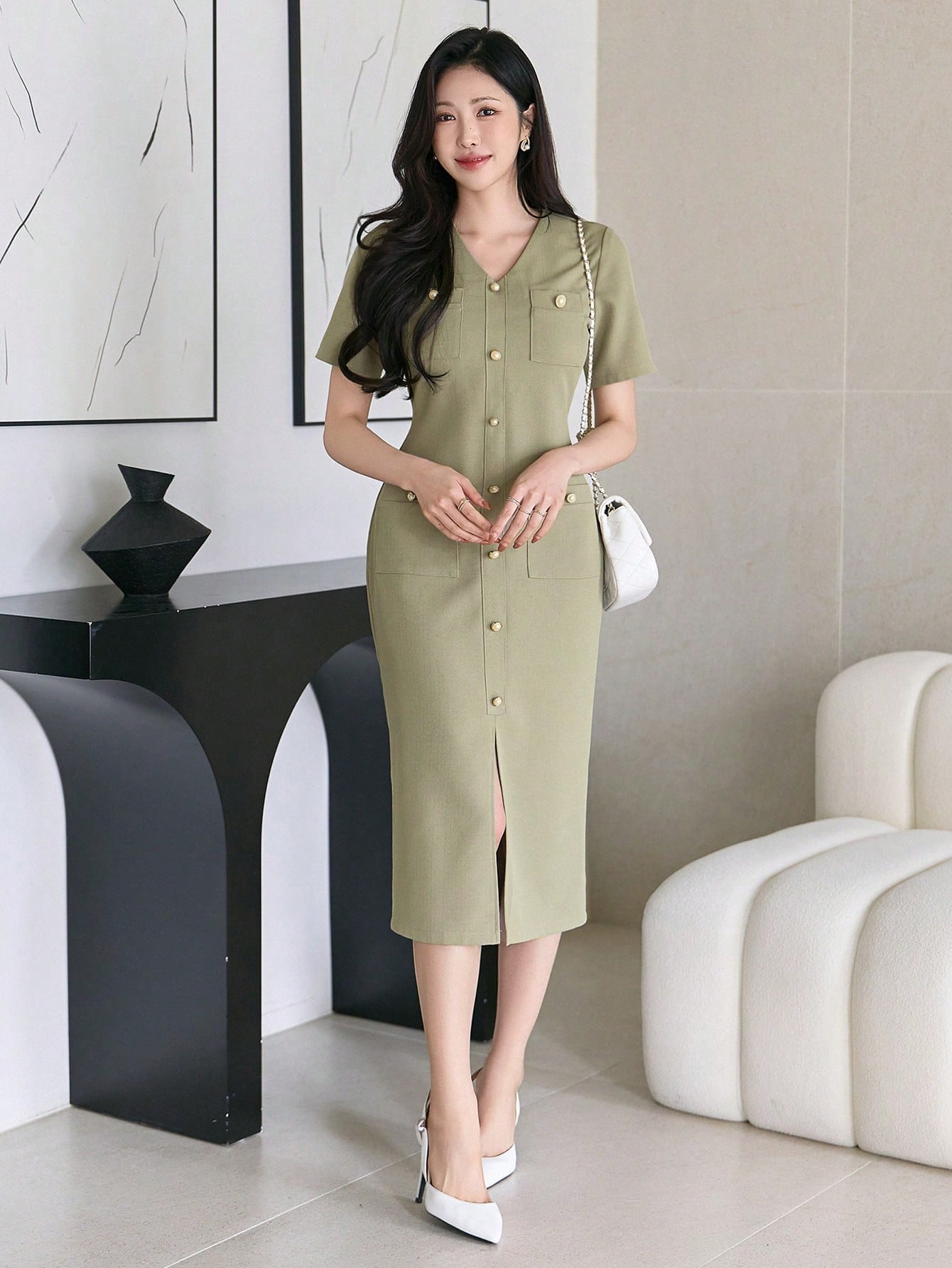 CM-DS260620 Women Elegant Seoul Style Solid V-Neck Sleeveless Midi Split Hem Dress With Pockets - Green
