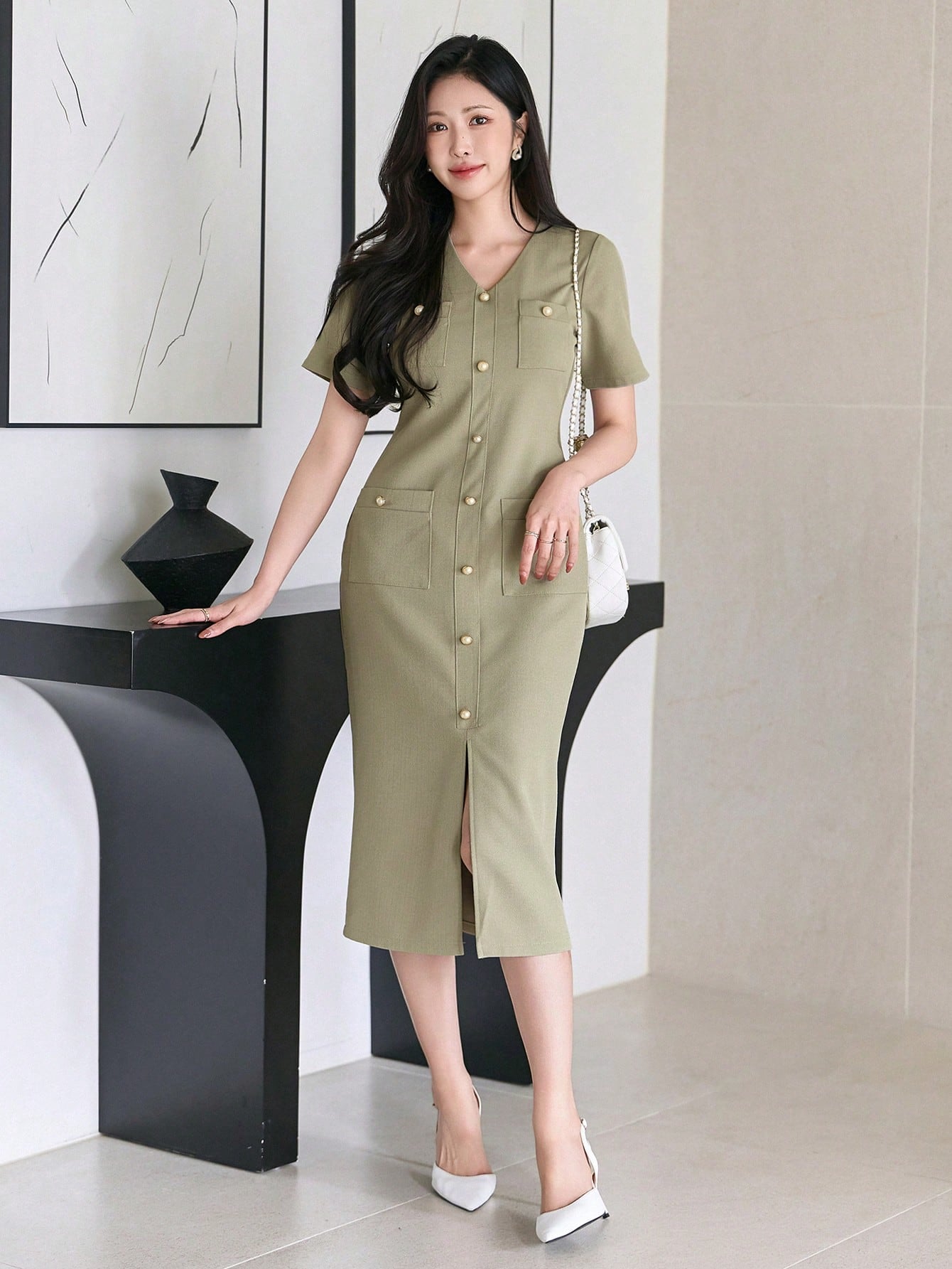 CM-DS260620 Women Elegant Seoul Style Solid V-Neck Sleeveless Midi Split Hem Dress With Pockets - Green