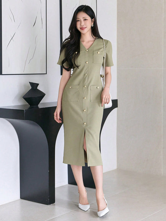 CM-DS260620 Women Elegant Seoul Style Solid V-Neck Sleeveless Midi Split Hem Dress With Pockets - Green