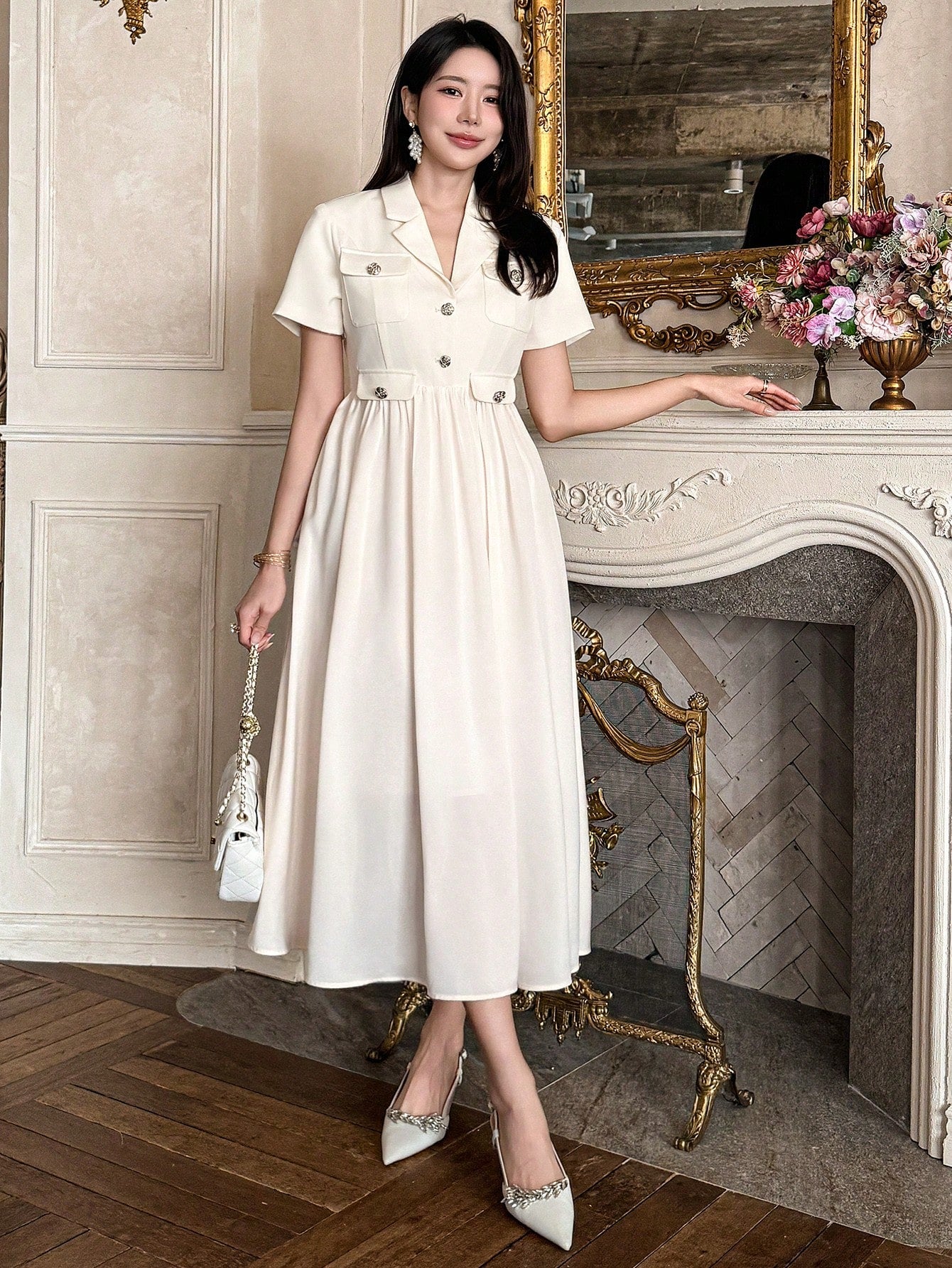 CM-DS530773 Women Elegant Seoul Style Mid-Length Patchwork Suit Collar Pocket Dress - Beige
