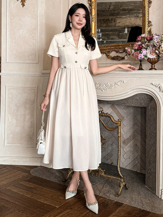 CM-DS530773 Women Elegant Seoul Style Mid-Length Patchwork Suit Collar Pocket Dress - Beige