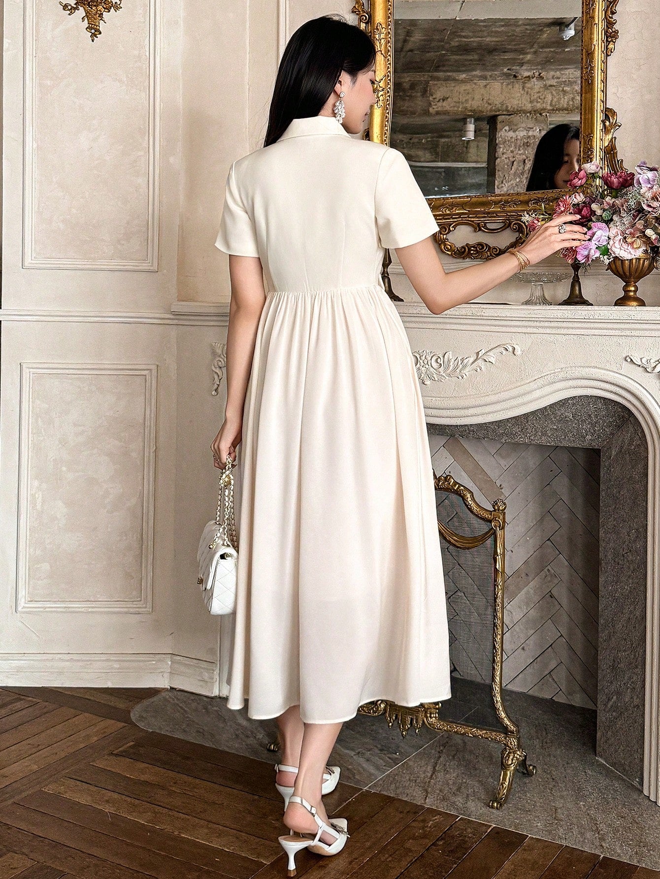 CM-DS530773 Women Elegant Seoul Style Mid-Length Patchwork Suit Collar Pocket Dress - Beige