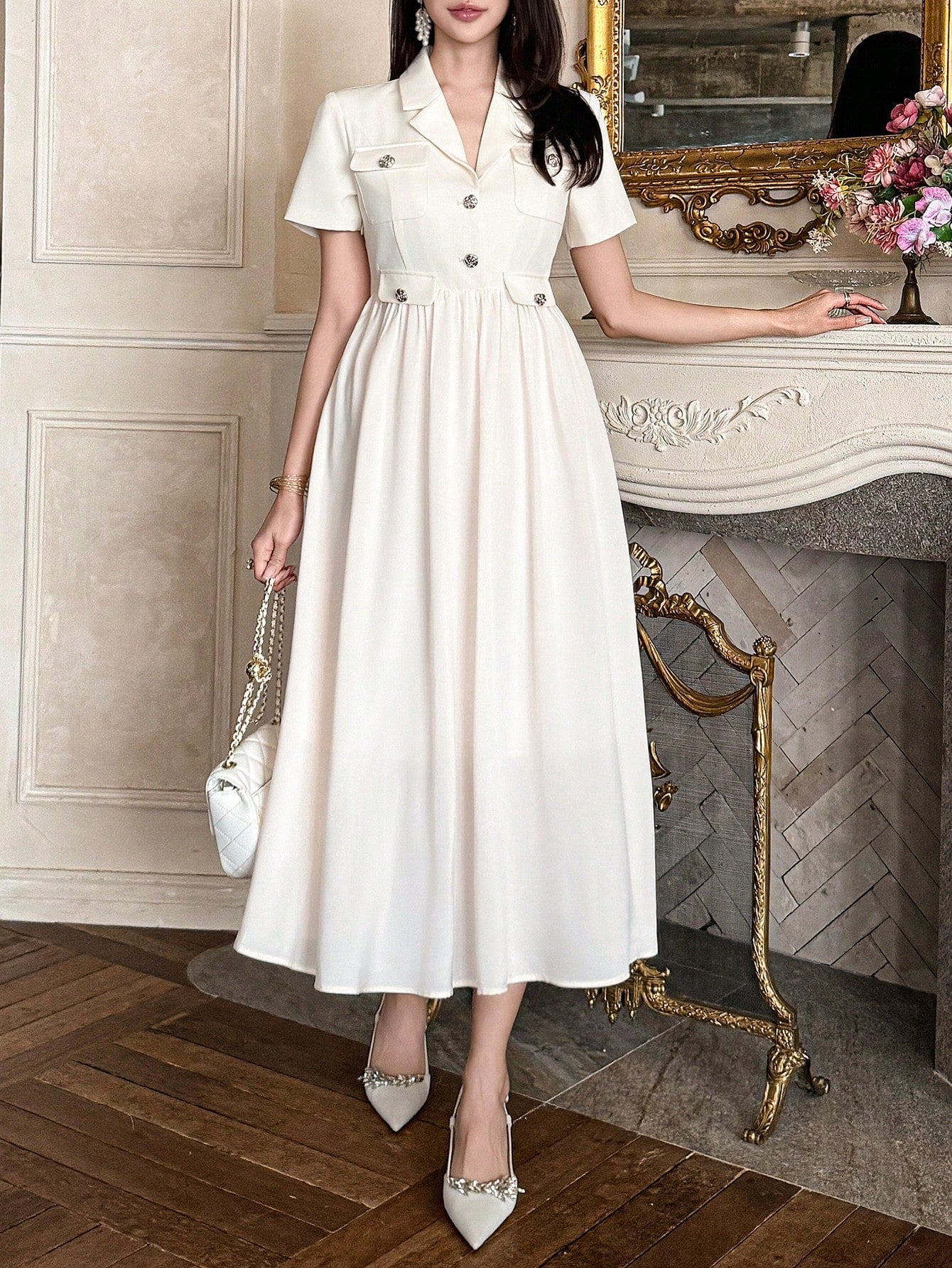 CM-DS530773 Women Elegant Seoul Style Mid-Length Patchwork Suit Collar Pocket Dress - Beige