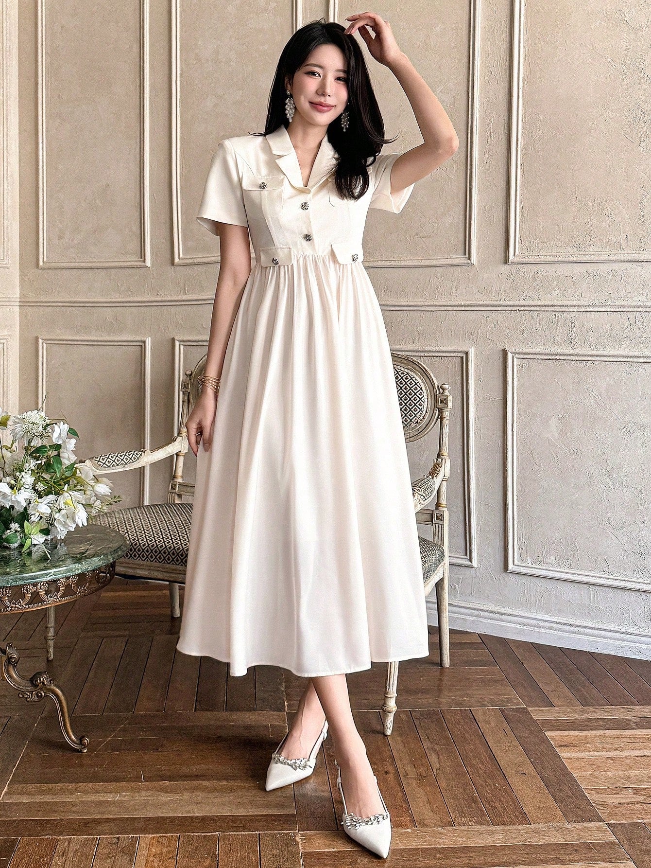 CM-DS530773 Women Elegant Seoul Style Mid-Length Patchwork Suit Collar Pocket Dress - Beige