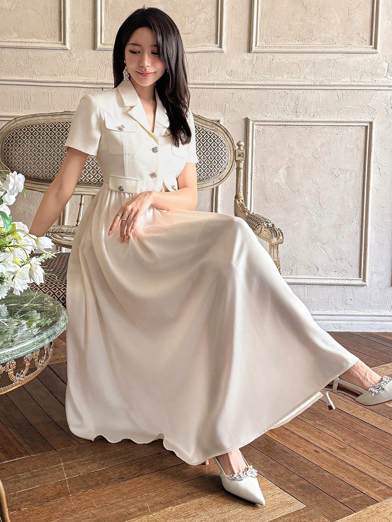 CM-DS530773 Women Elegant Seoul Style Mid-Length Patchwork Suit Collar Pocket Dress - Beige