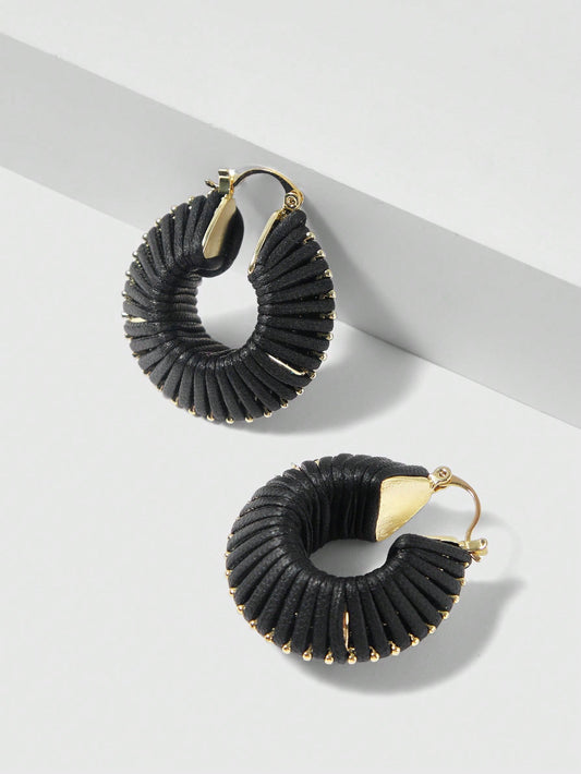 CM-AXS629747 Women Trendy Seoul Style 18K Gold Plated Red PU Leather Braided Hoop Earrings