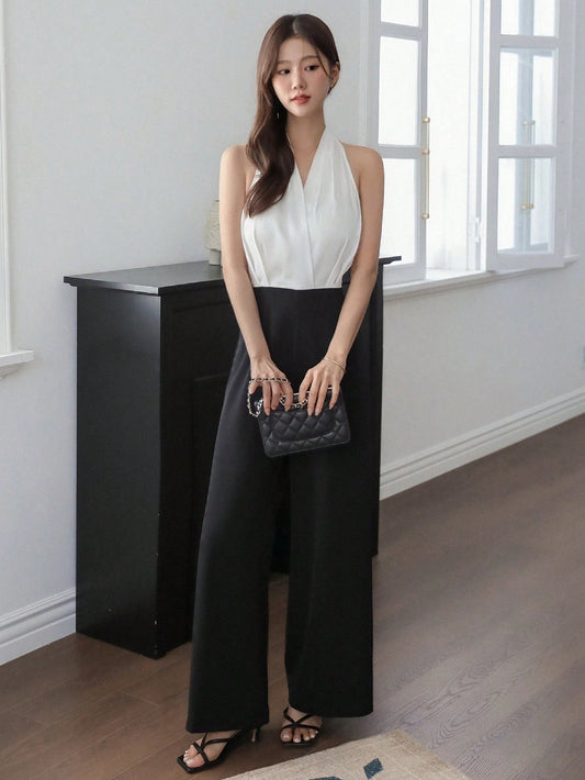 CM-JS326020 Women Elegant Seoul Style Sleeveless Mid Waist Color Block Wide Leg Jumpsuit