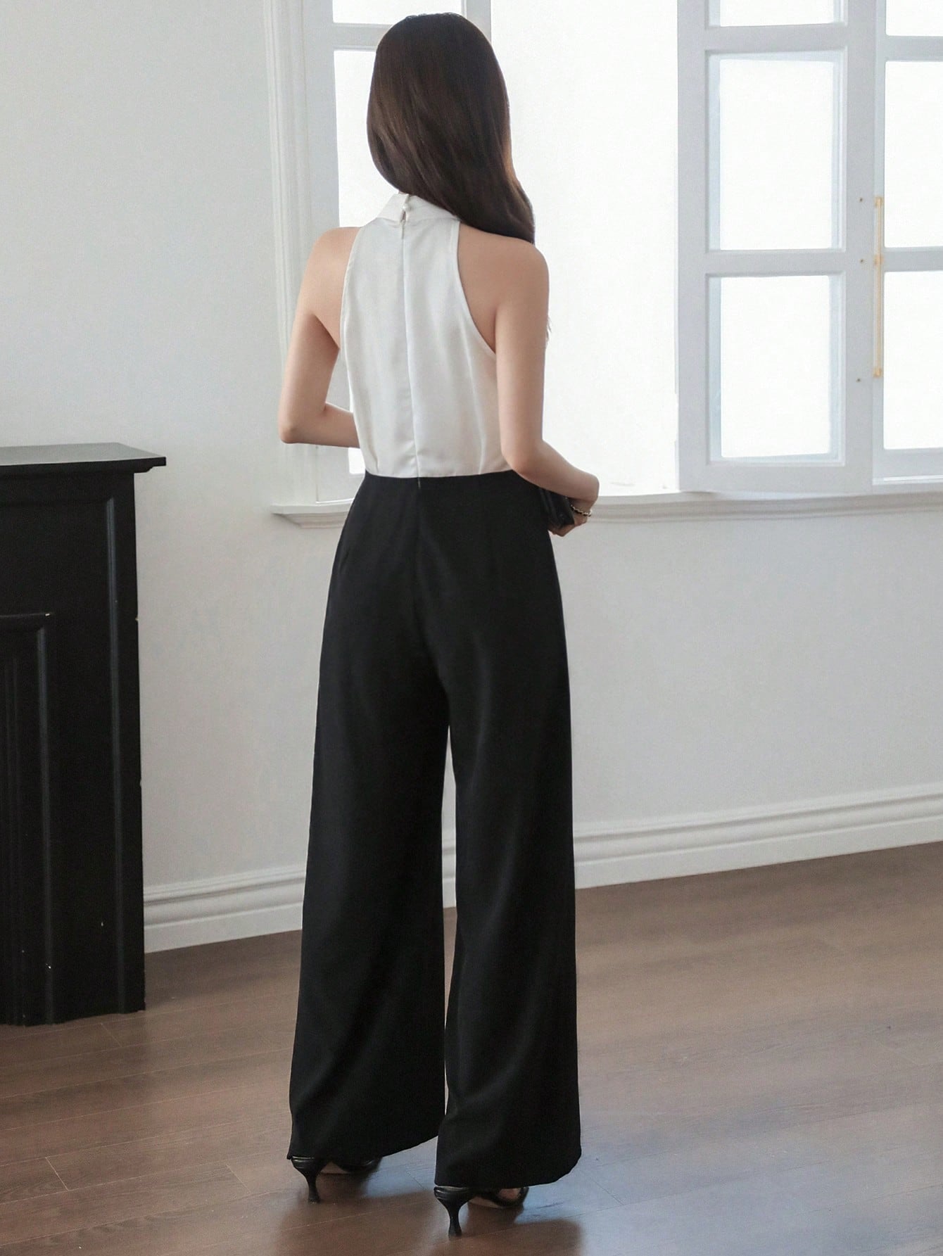 CM-JS326020 Women Elegant Seoul Style Sleeveless Mid Waist Color Block Wide Leg Jumpsuit