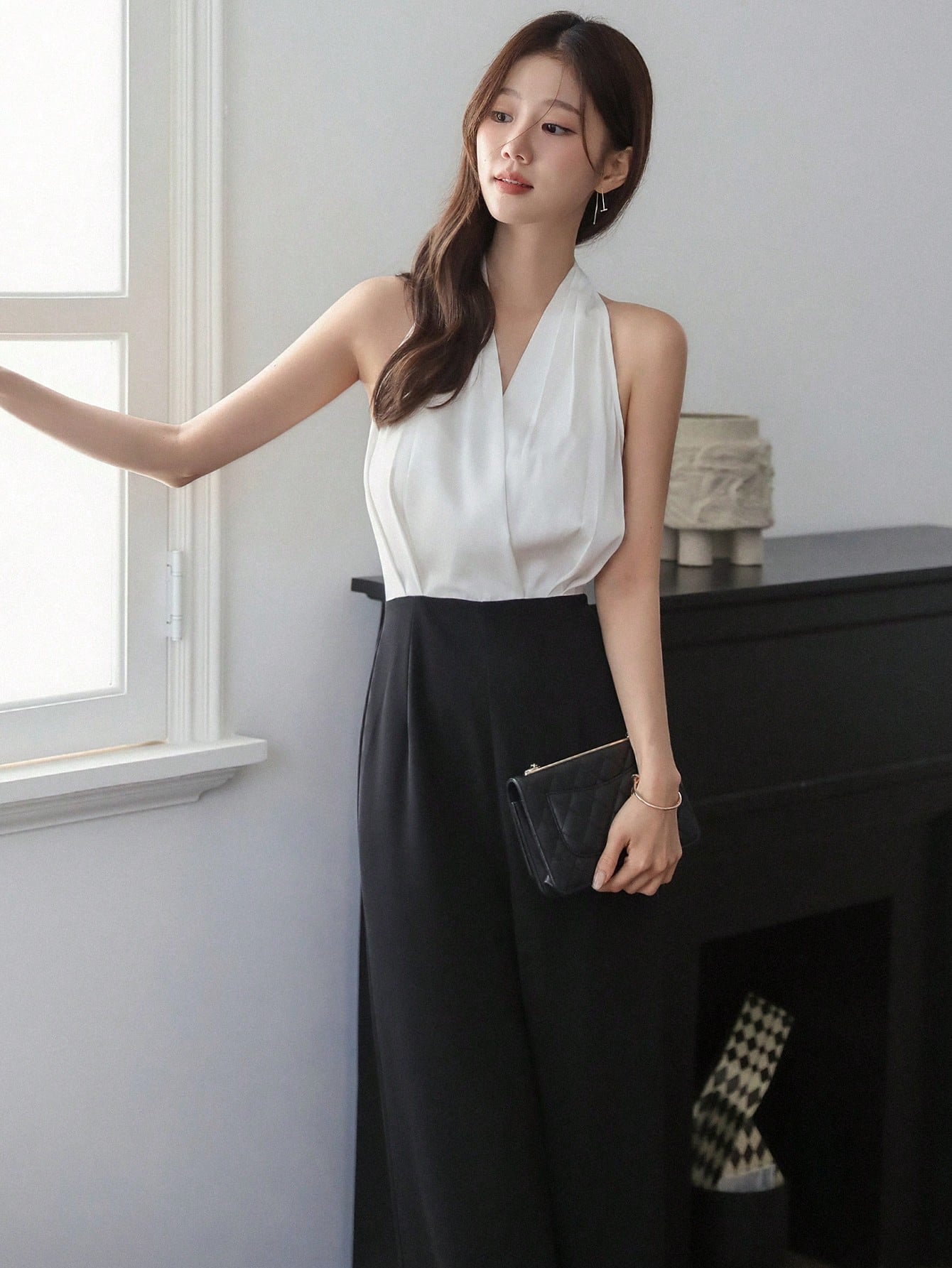 CM-JS326020 Women Elegant Seoul Style Sleeveless Mid Waist Color Block Wide Leg Jumpsuit