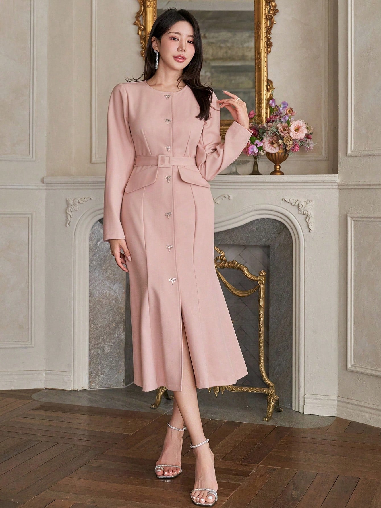 CM-DS339258 Women Elegant Seoul Style Round Neck Long Sleeve A-Line Mid-Length Dress - Pink
