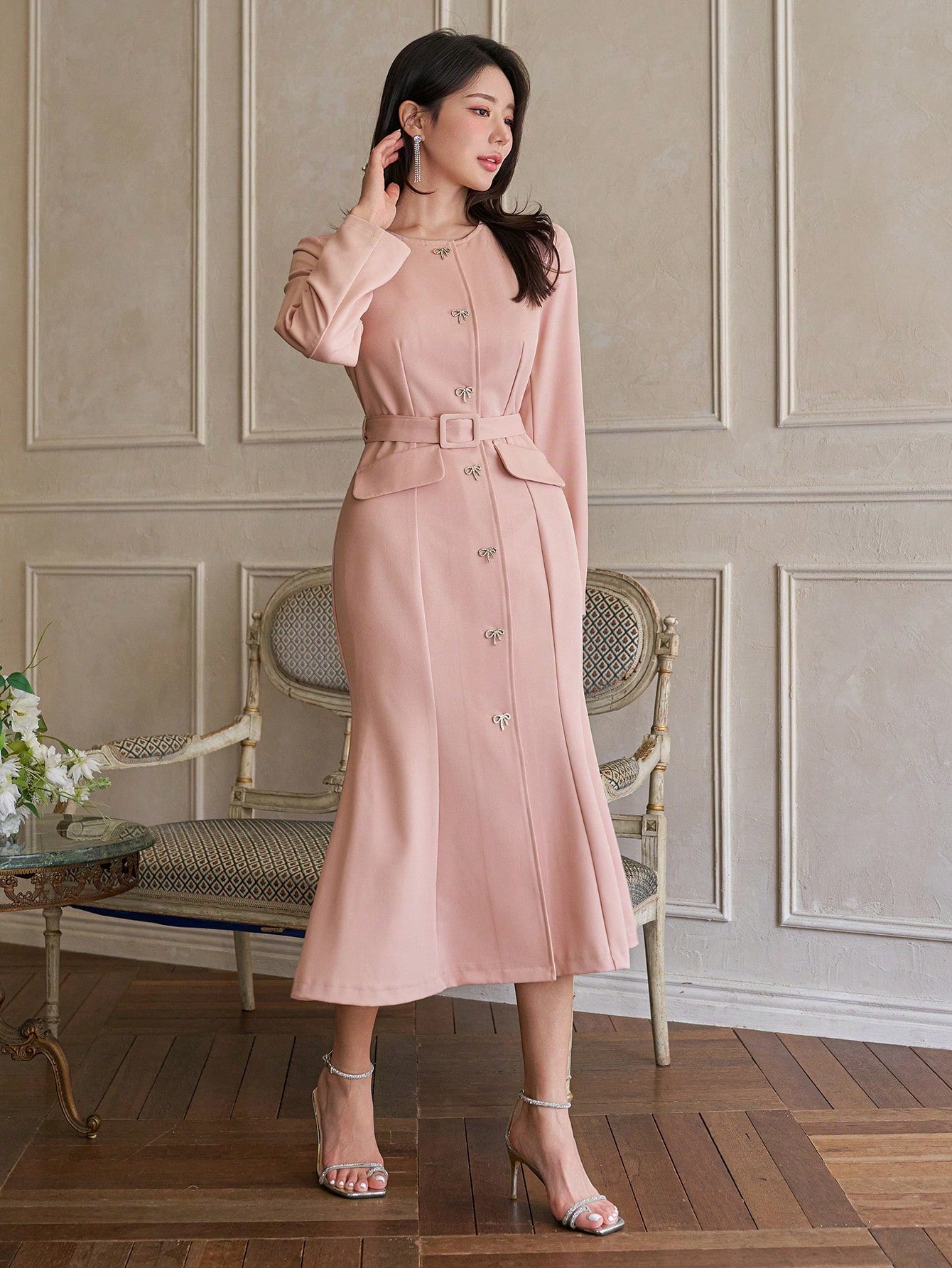 CM-DS339258 Women Elegant Seoul Style Round Neck Long Sleeve A-Line Mid-Length Dress - Pink