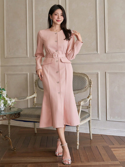 CM-DS339258 Women Elegant Seoul Style Round Neck Long Sleeve A-Line Mid-Length Dress - Pink