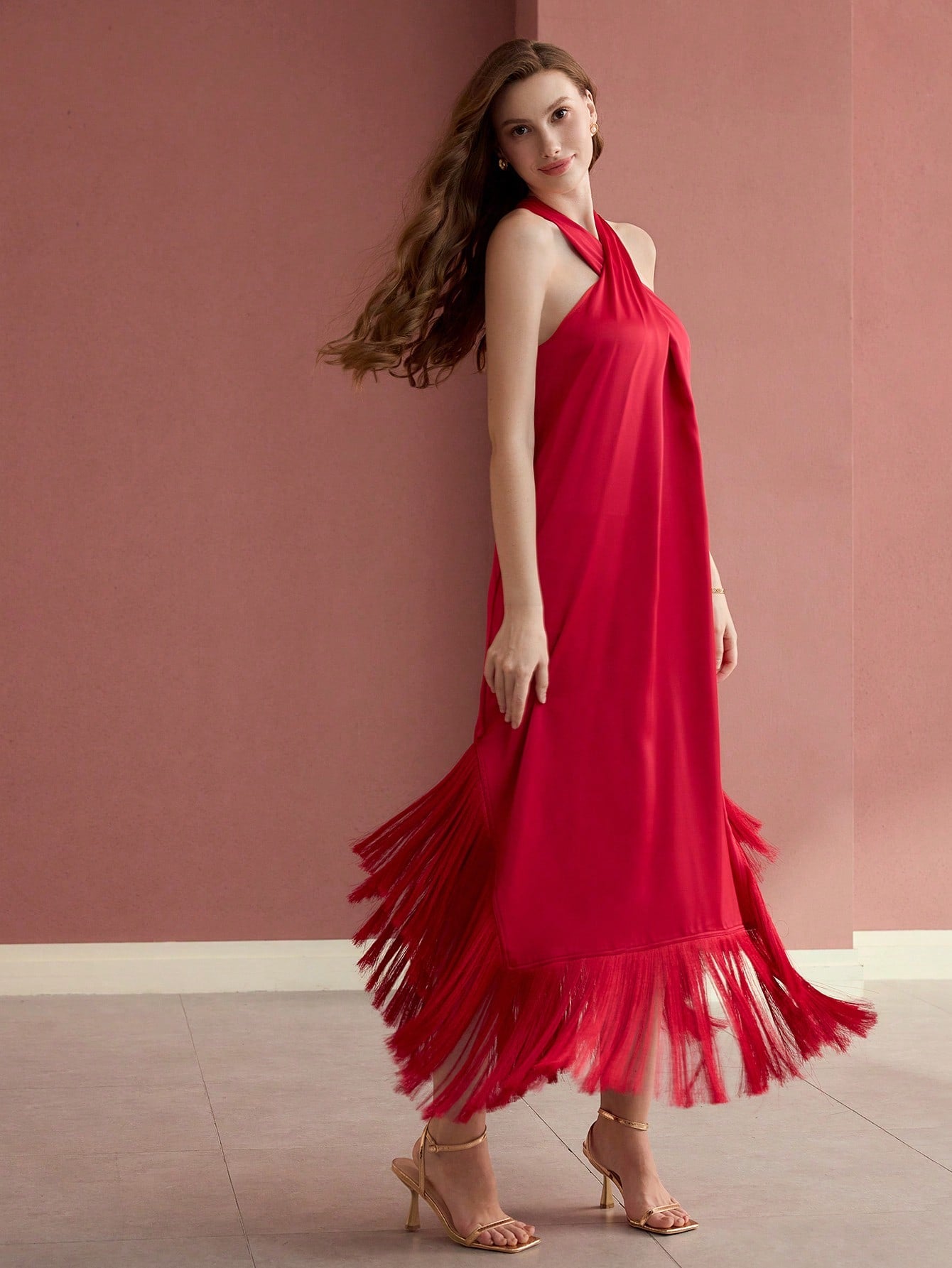 CM-DS824300 Women Elegant Seoul Style Halter Sleeveless Fringe Hem Loose Dress - Red