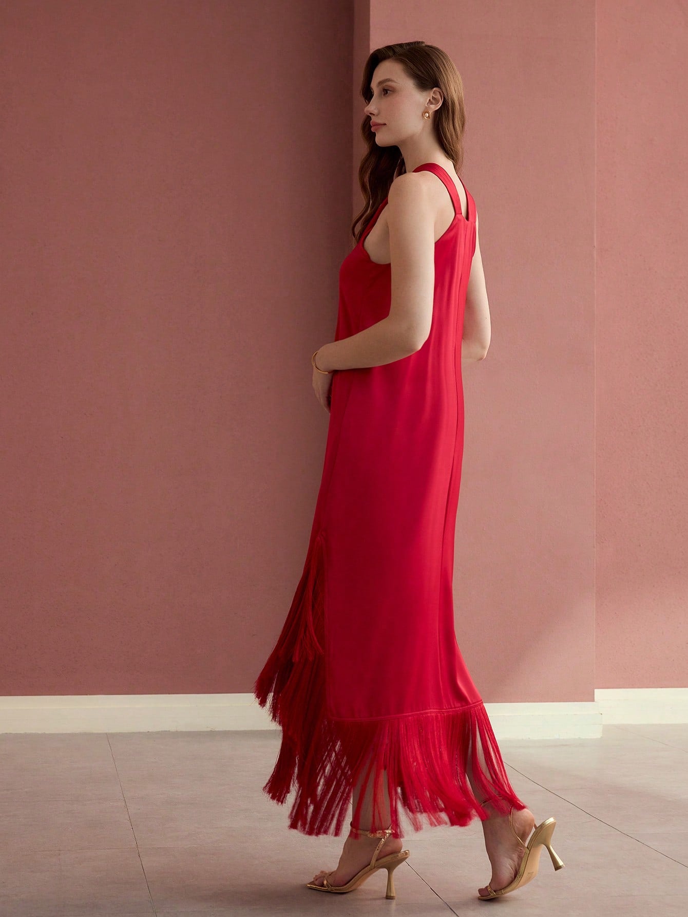 CM-DS824300 Women Elegant Seoul Style Halter Sleeveless Fringe Hem Loose Dress - Red