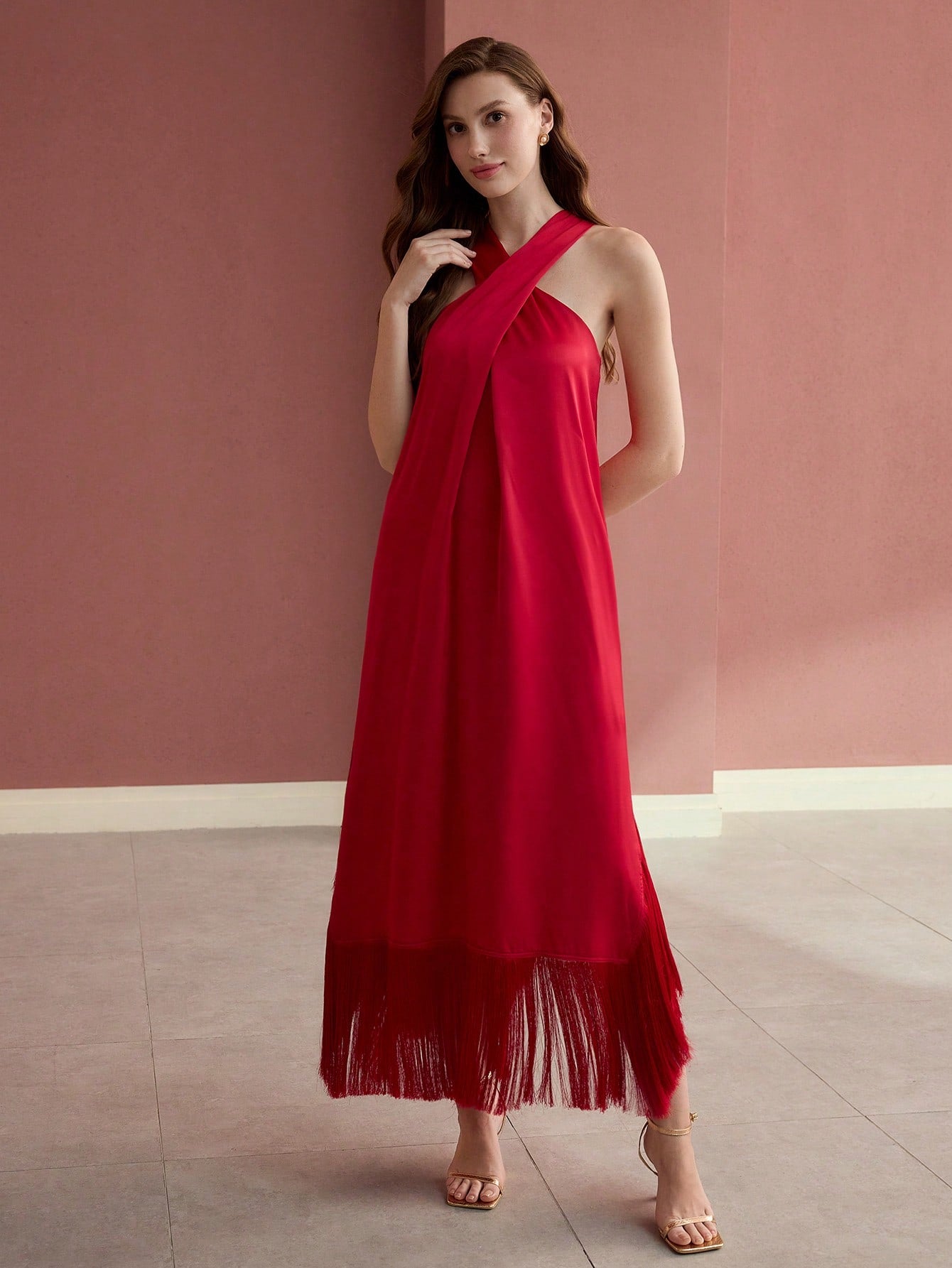 CM-DS824300 Women Elegant Seoul Style Halter Sleeveless Fringe Hem Loose Dress - Red