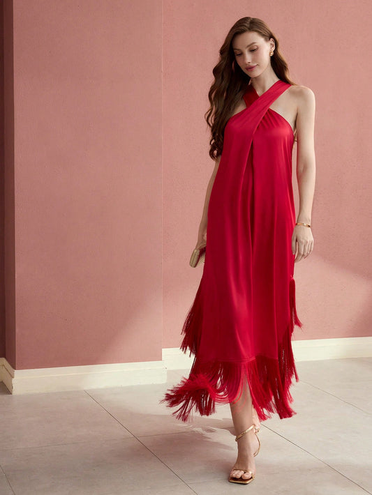 CM-DS824300 Women Elegant Seoul Style Halter Sleeveless Fringe Hem Loose Dress - Red