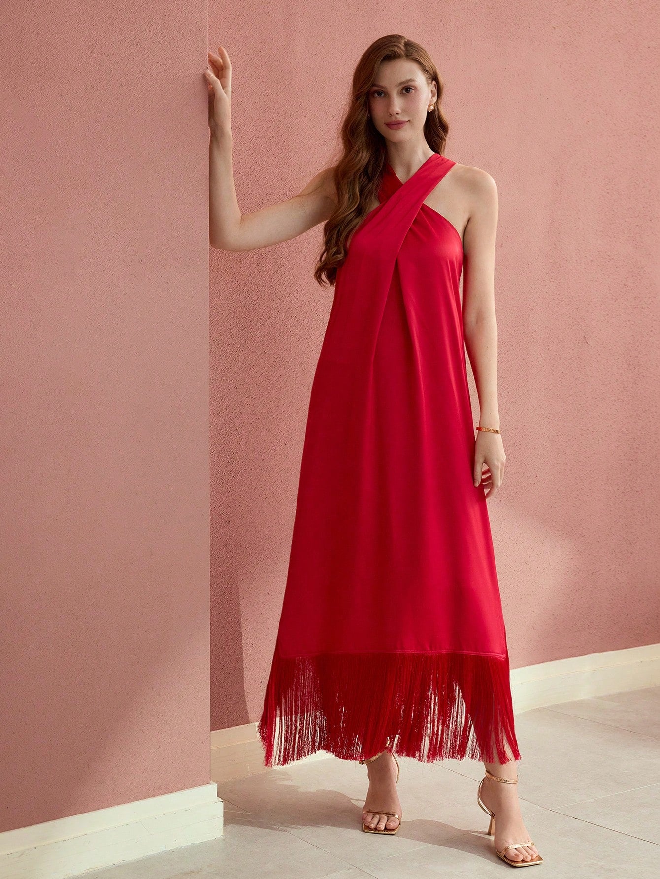 CM-DS824300 Women Elegant Seoul Style Halter Sleeveless Fringe Hem Loose Dress - Red