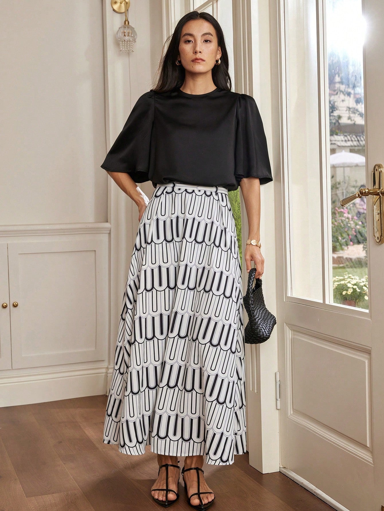 CM-SS777055 Women Casual Seoul Style Satin Surface Tweed Crop Top With Colorblock Plaid Flared Skirt - Set