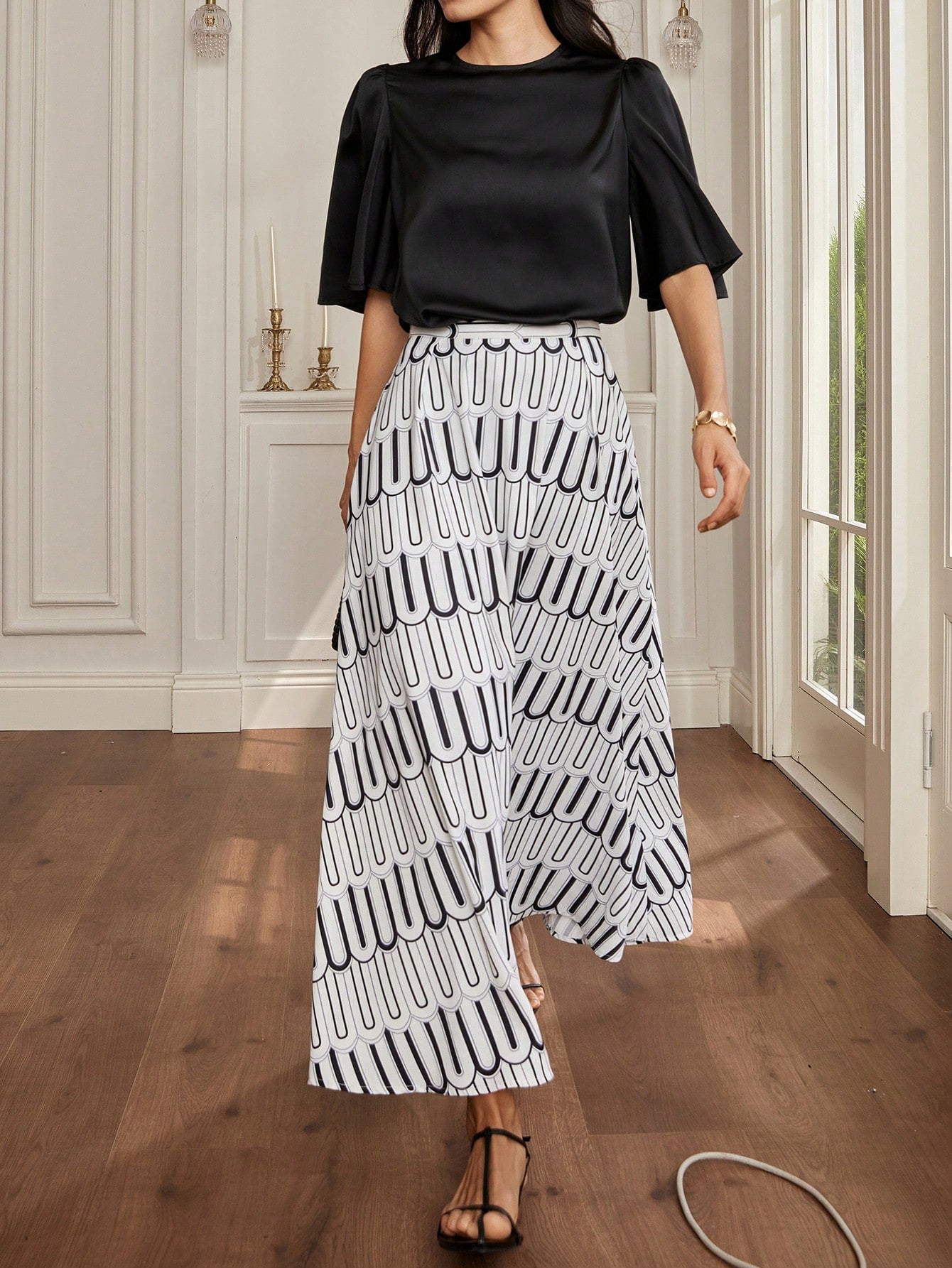 CM-SS777055 Women Casual Seoul Style Satin Surface Tweed Crop Top With Colorblock Plaid Flared Skirt - Set