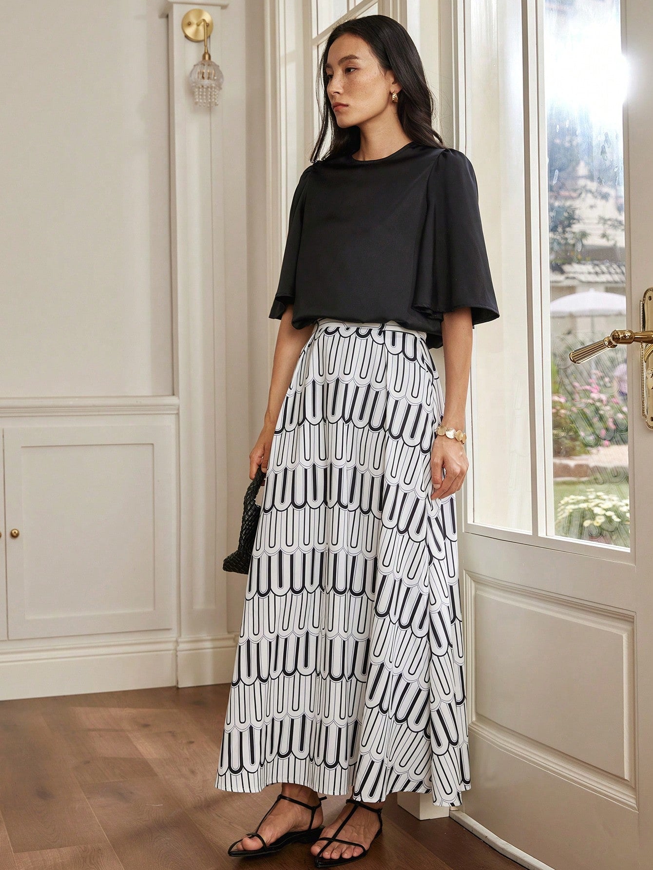 CM-SS777055 Women Casual Seoul Style Satin Surface Tweed Crop Top With Colorblock Plaid Flared Skirt - Set