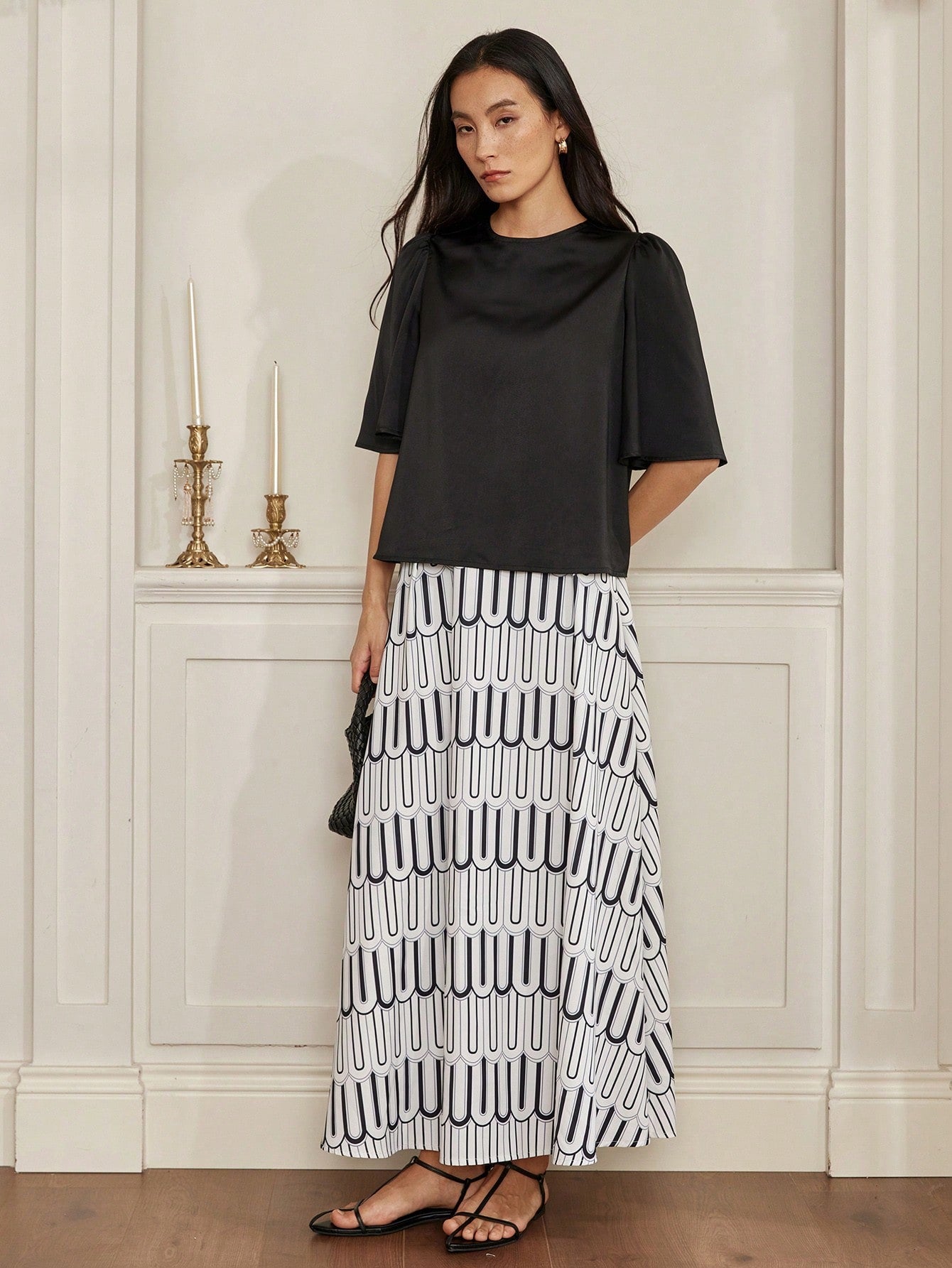 CM-SS777055 Women Casual Seoul Style Satin Surface Tweed Crop Top With Colorblock Plaid Flared Skirt - Set