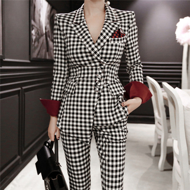 CM-SF082520 Women Elegant Seoul Style Tailored Collar Plaids Slim Two Pieces Suits