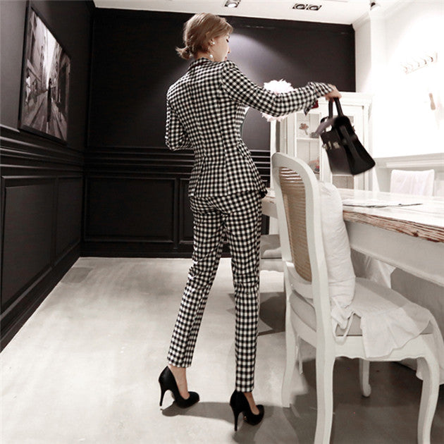 CM-SF082520 Women Elegant Seoul Style Tailored Collar Plaids Slim Two Pieces Suits