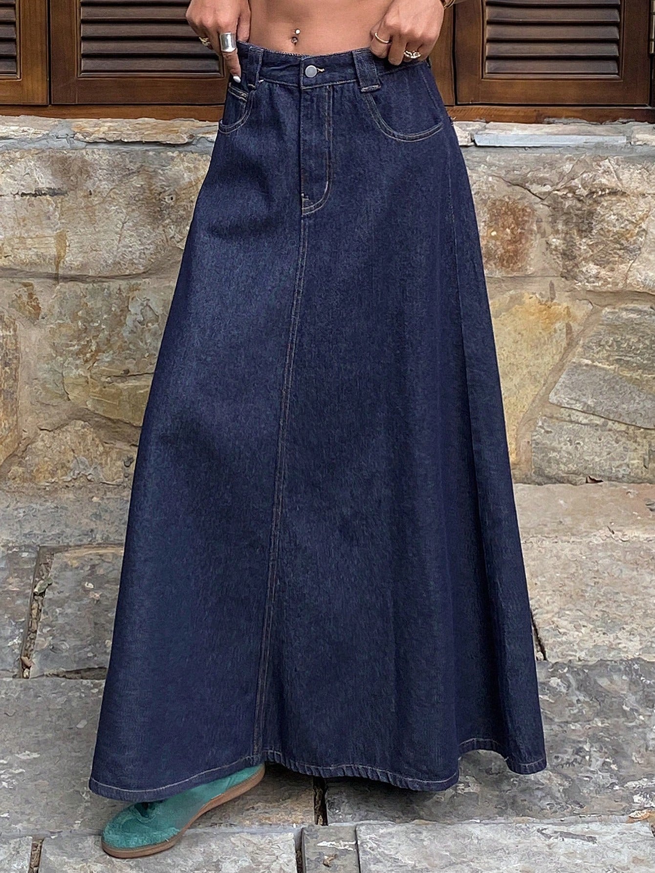CM-BS934034 Women Casual Seoul Style Contrast Color Loose Flared A-Line Skirt With Pockets - Blue